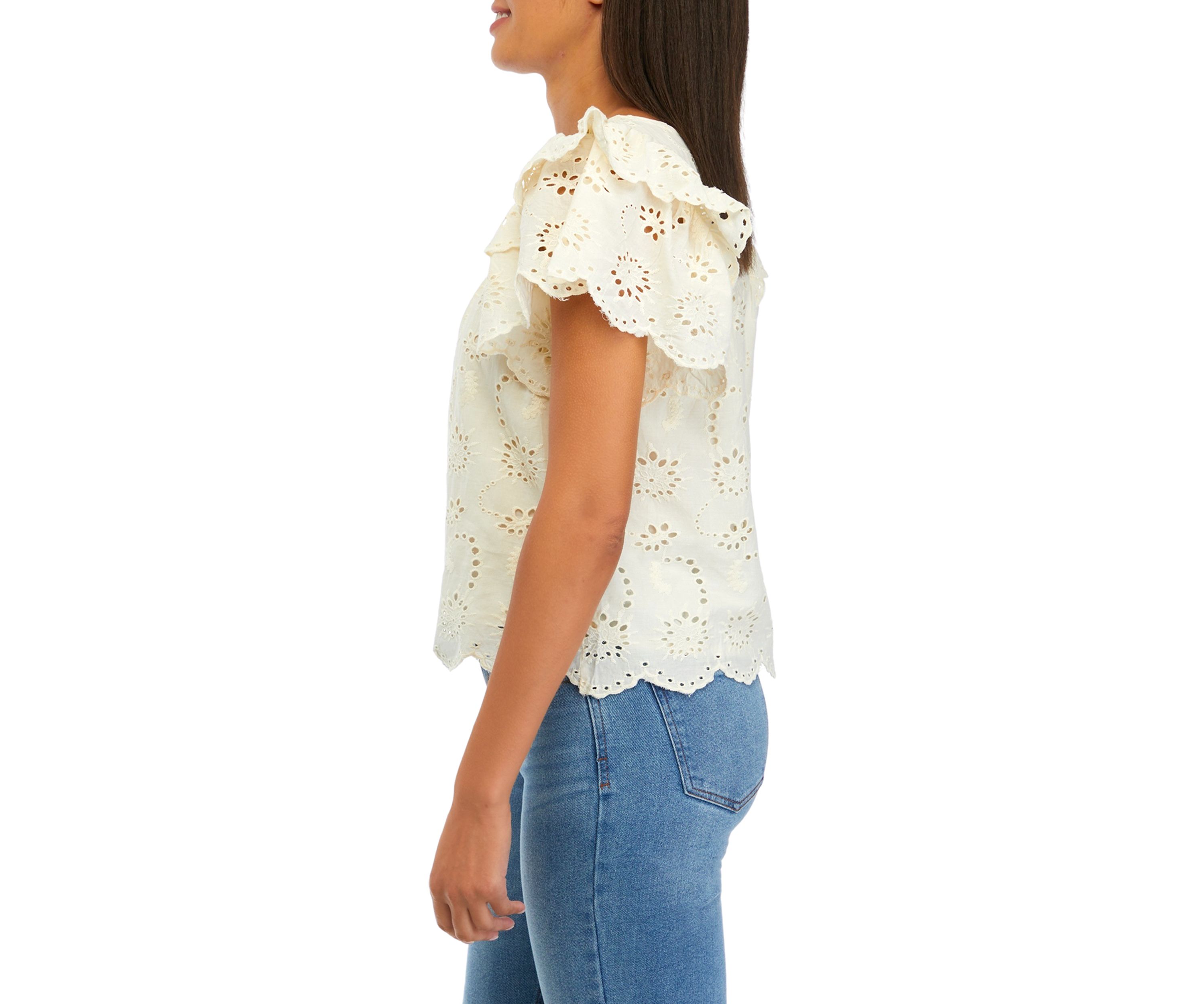 Womens Double Ruffle Sleeve Scallop Hem Eyelet Blouse