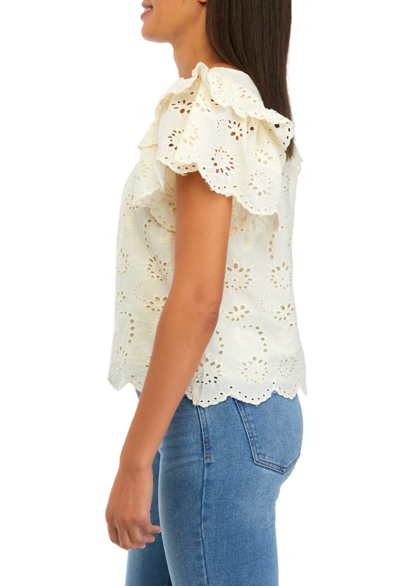 Womens Double Ruffle Sleeve Scallop Hem Eyelet Blouse