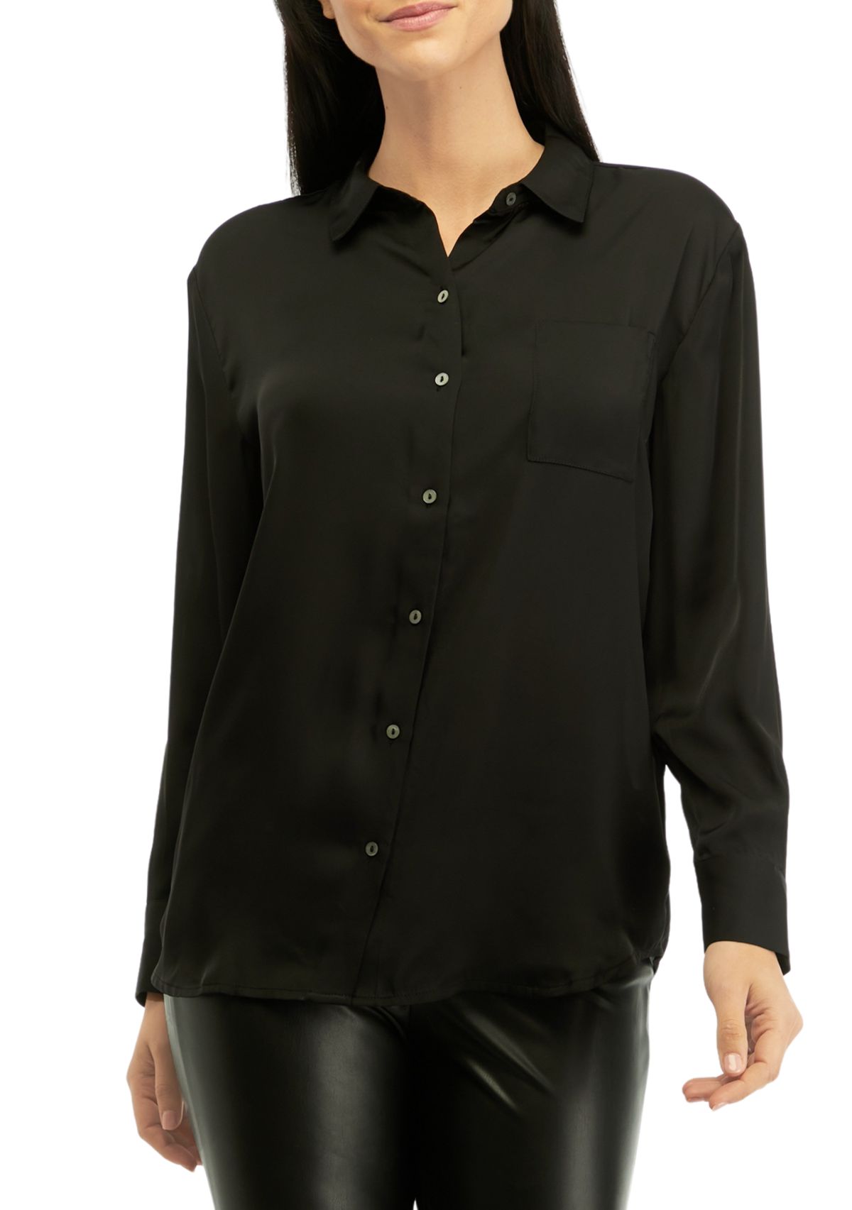 Womens Long Sleeve Button Front Pocket Blouse