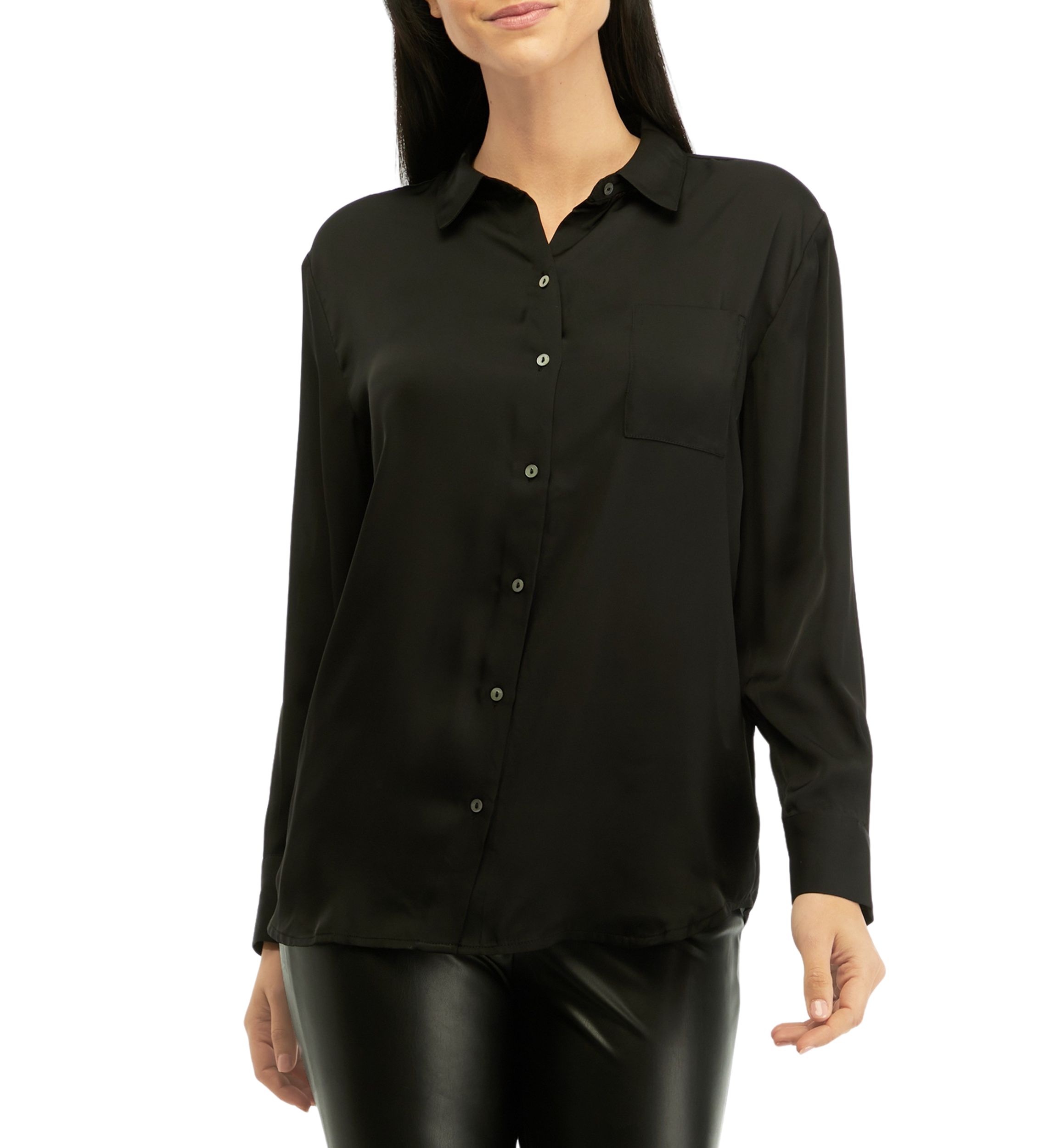 Womens Long Sleeve Button Front Pocket Blouse
