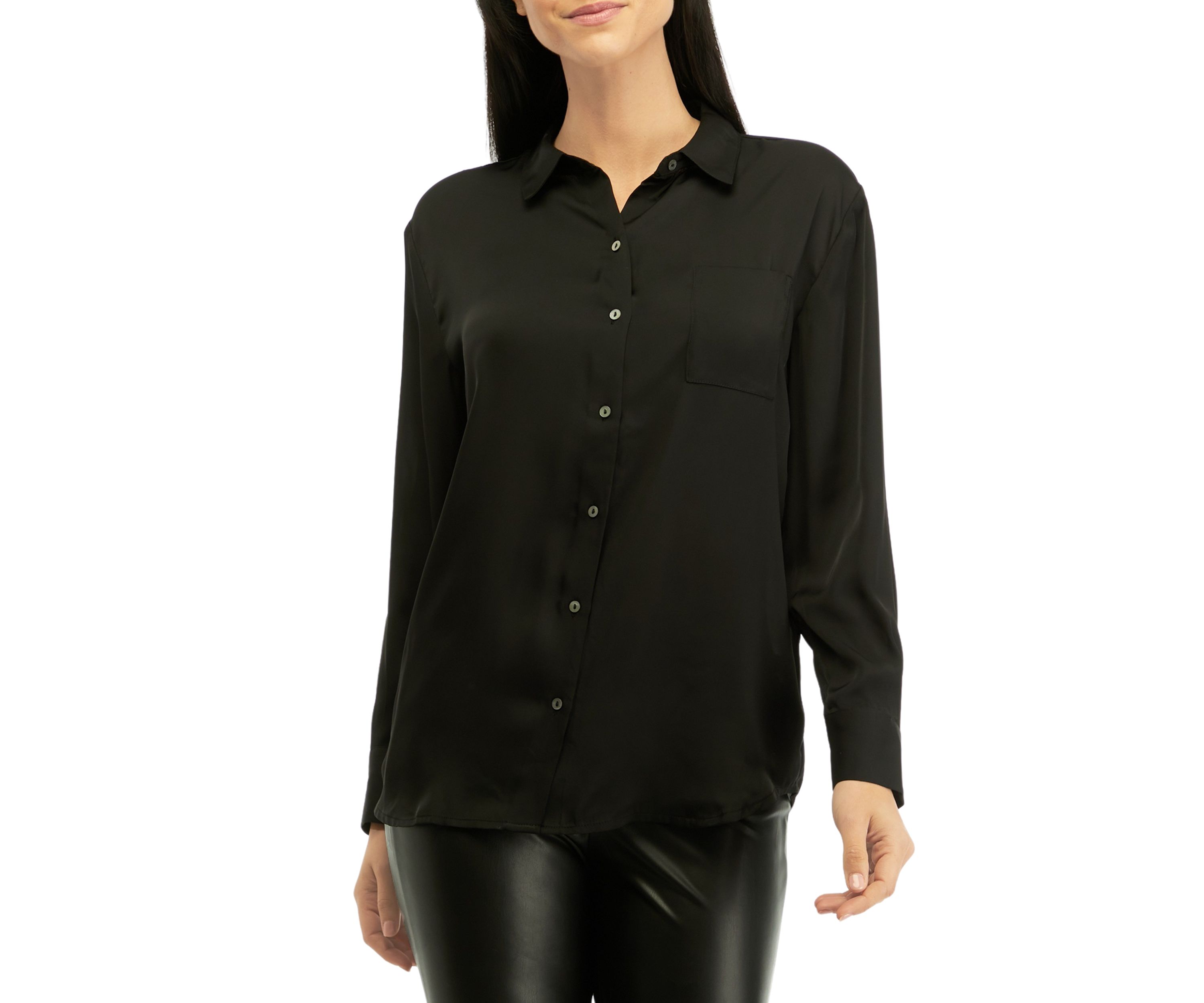 Womens Long Sleeve Button Front Pocket Blouse
