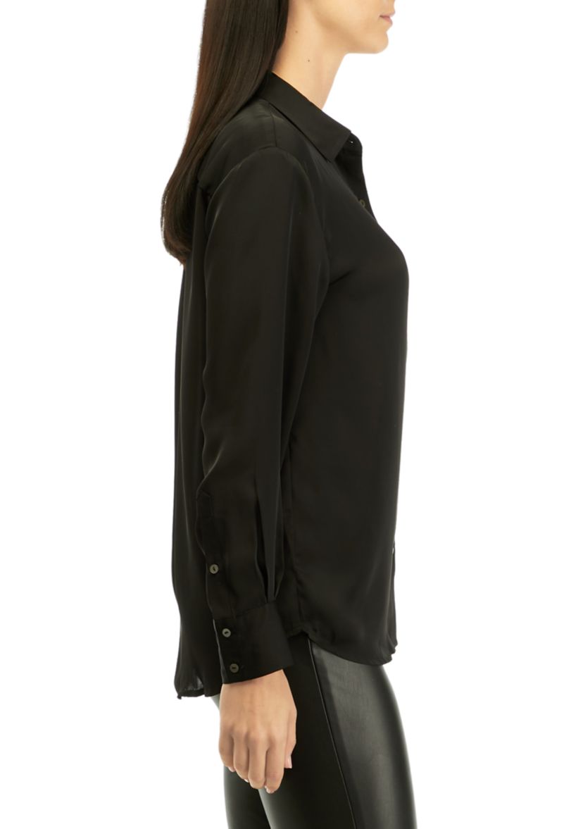 Womens Long Sleeve Button Front Pocket Blouse