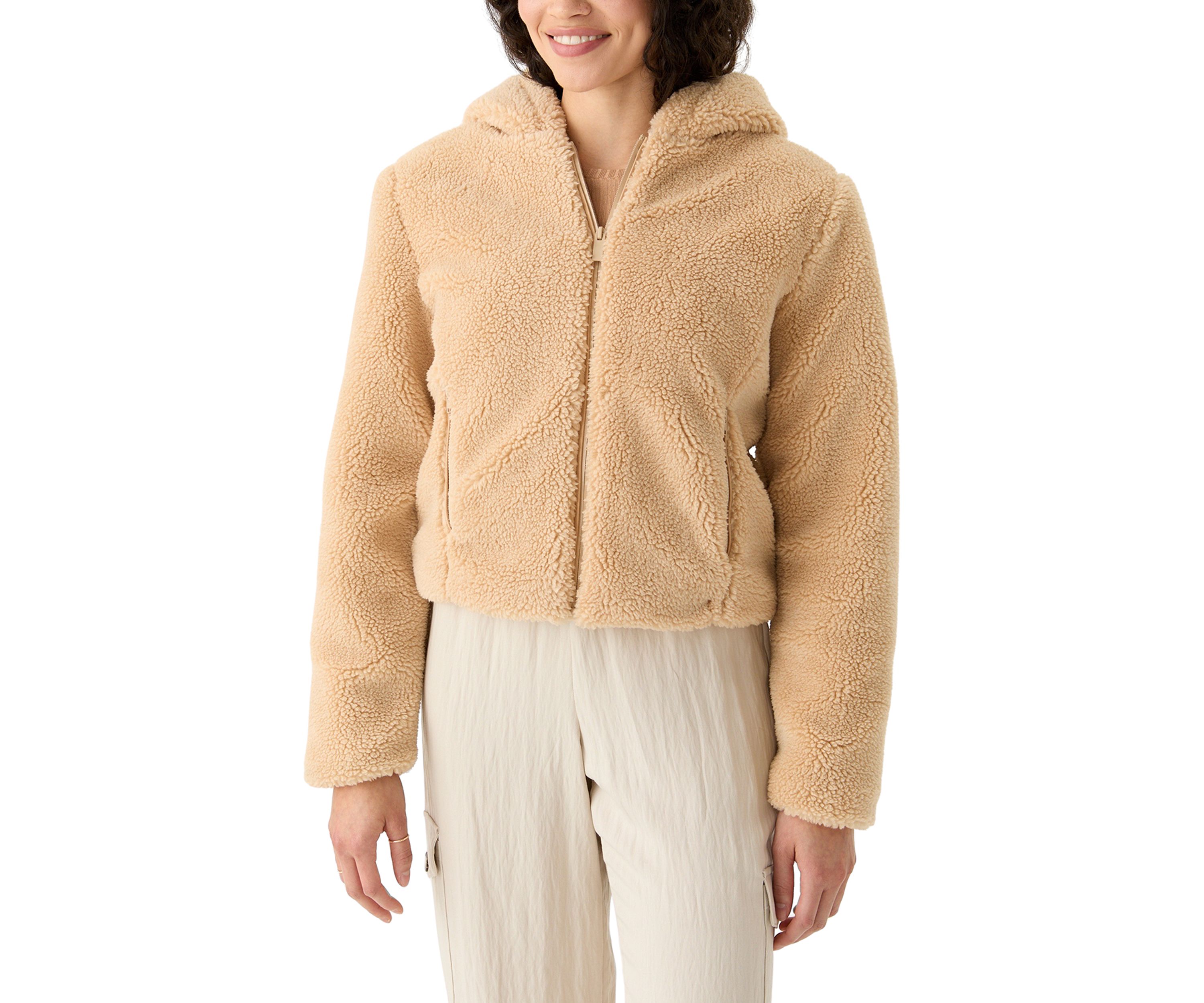 Womens Zip Front Hooded Sherpa Jacket