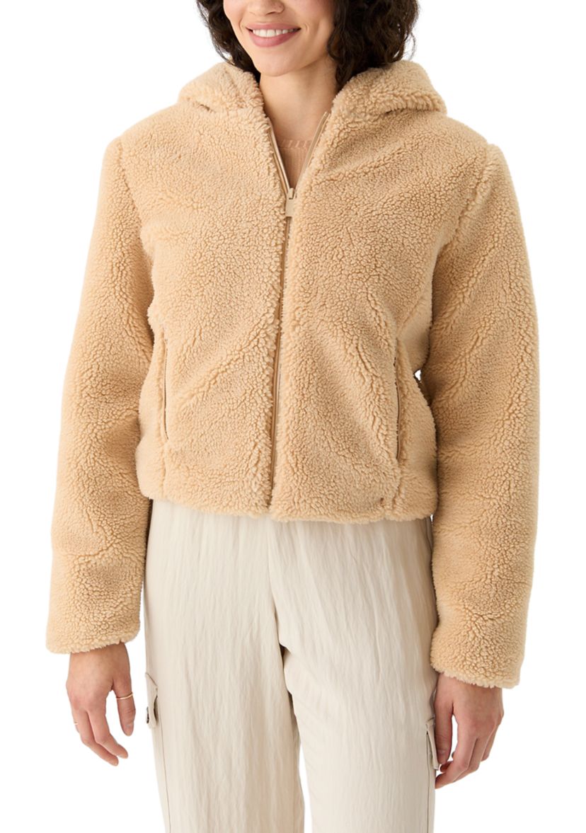 Womens Zip Front Hooded Sherpa Jacket