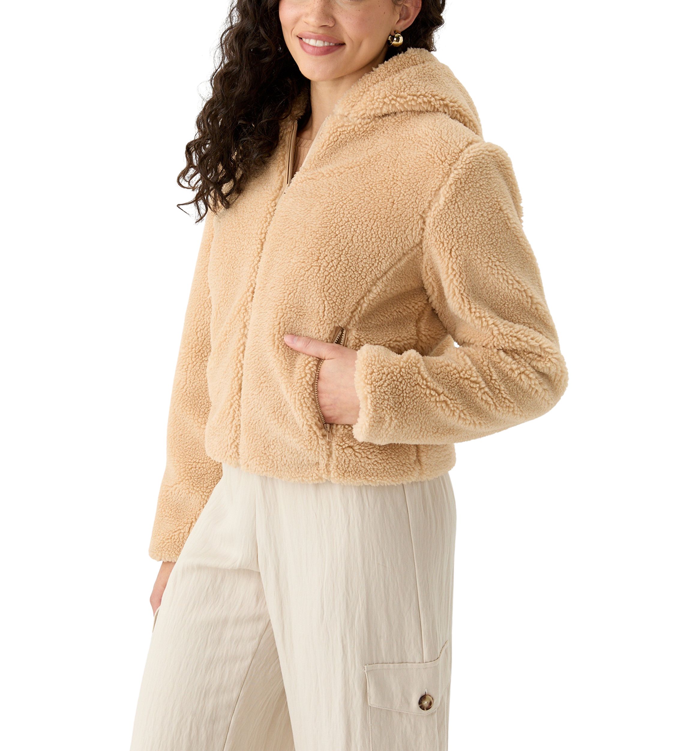 Womens Zip Front Hooded Sherpa Jacket