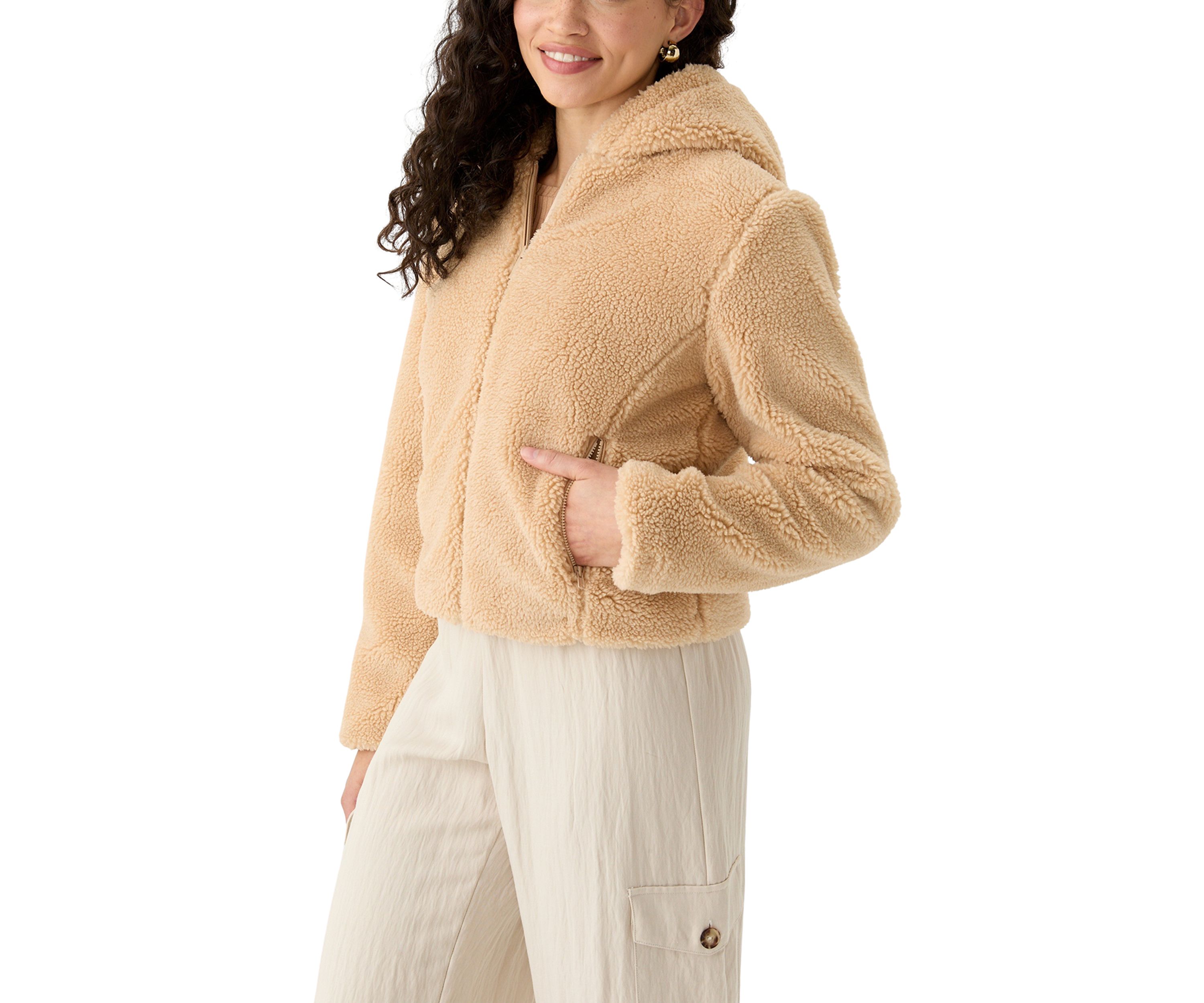 Womens Zip Front Hooded Sherpa Jacket