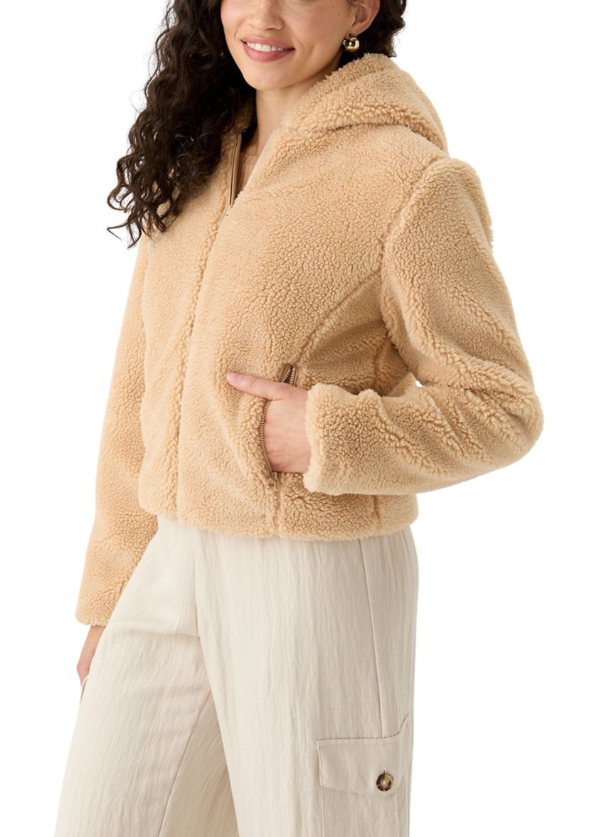 Womens Zip Front Hooded Sherpa Jacket