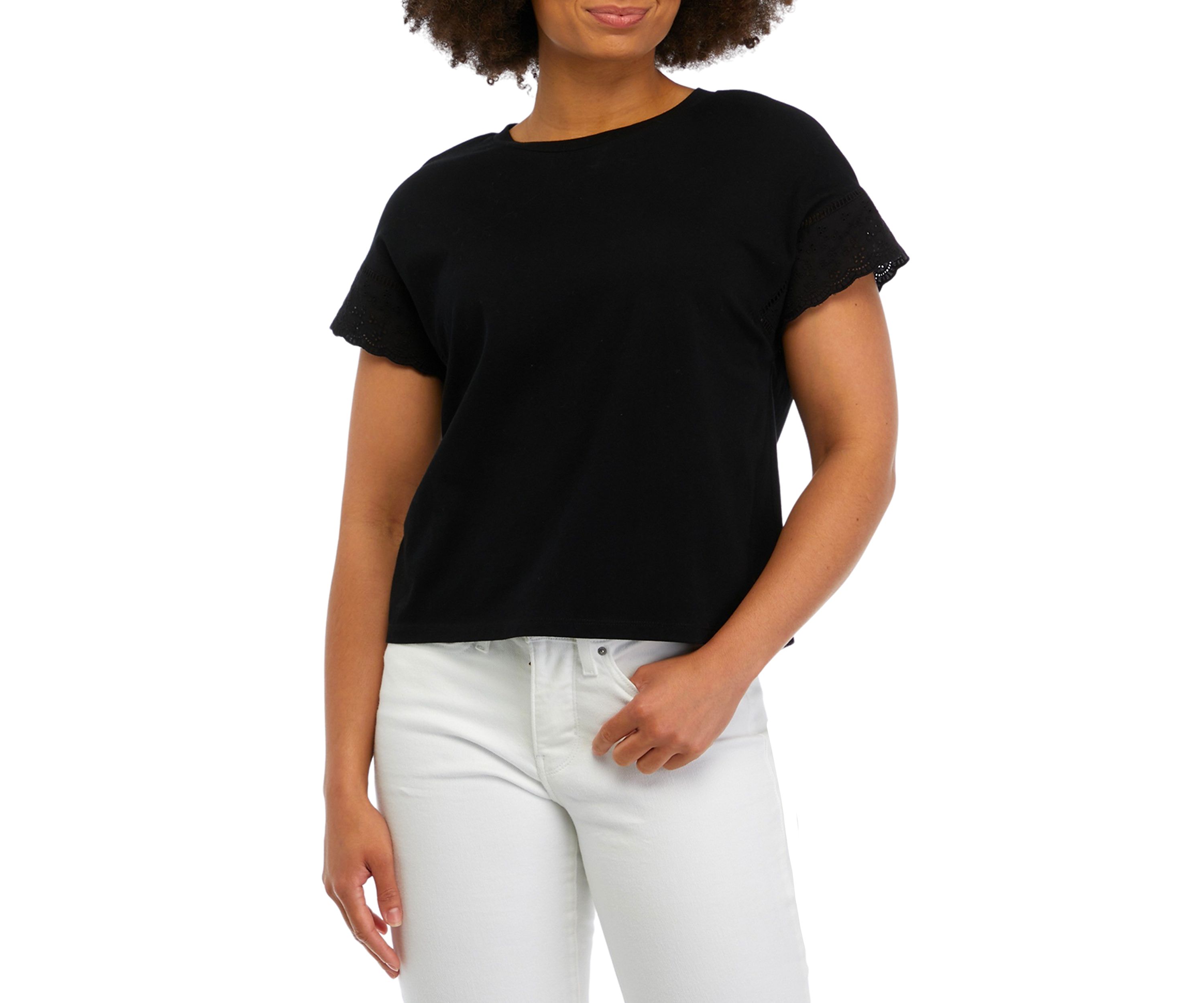 Womens Extended Shoulder Crew Neck Embroidered T-Shirt