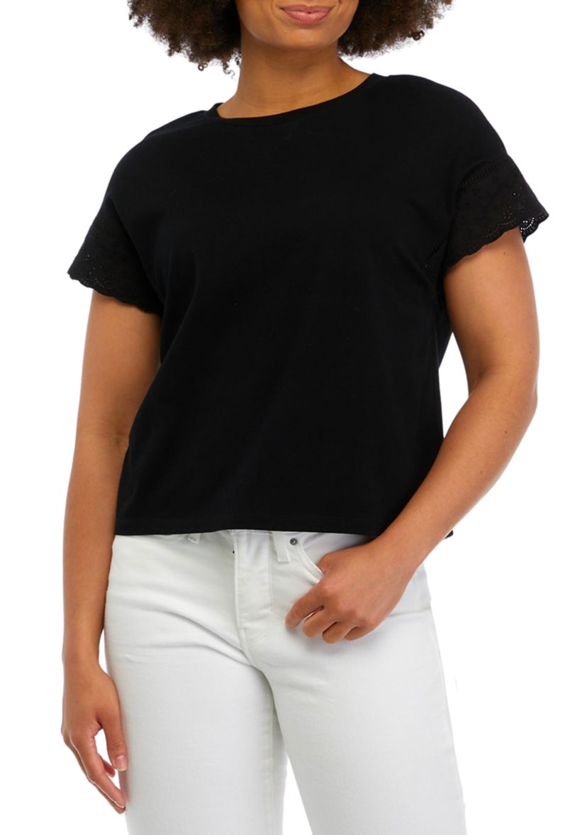 Womens Extended Shoulder Crew Neck Embroidered T-Shirt