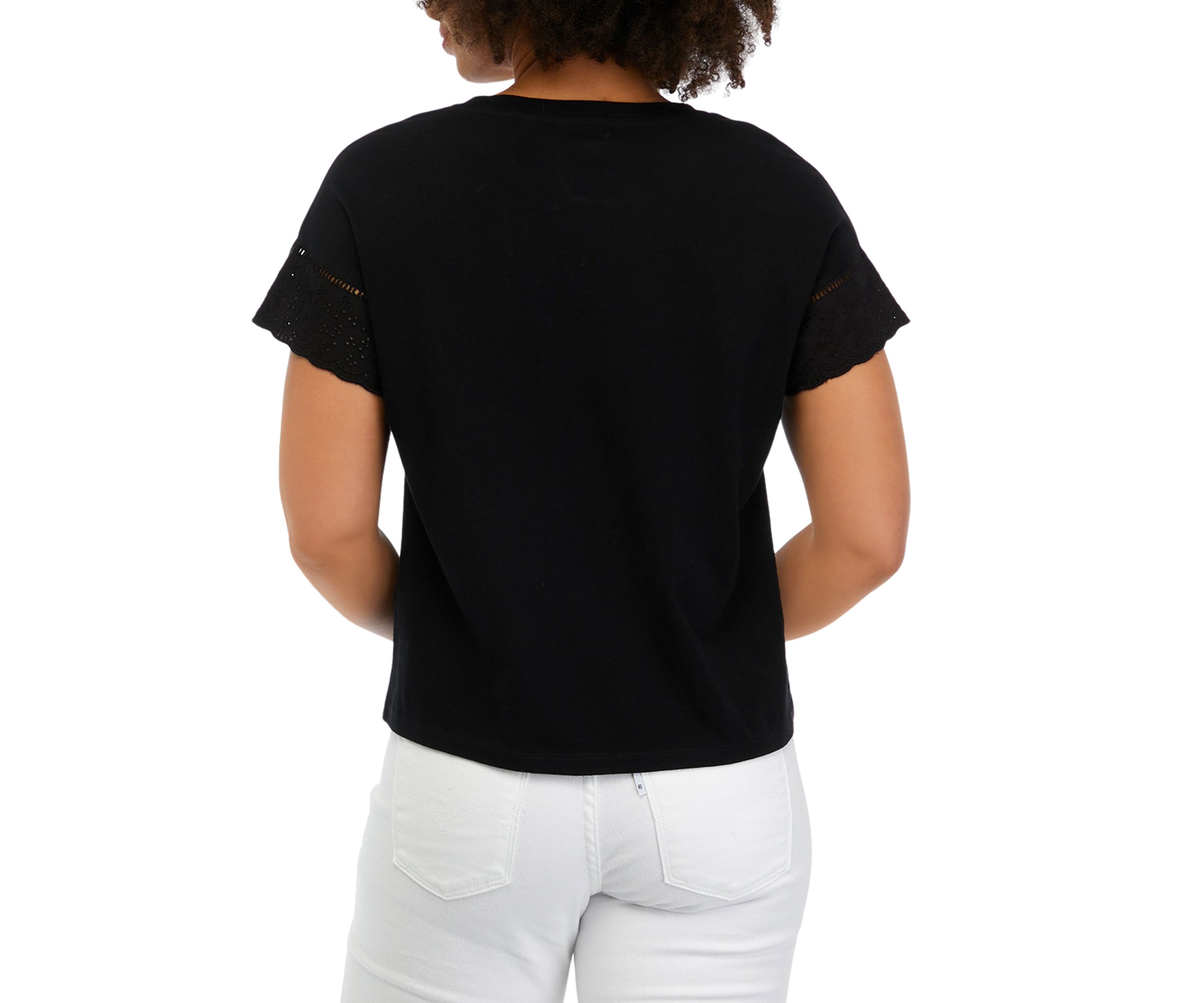 Womens Extended Shoulder Crew Neck Embroidered T-Shirt