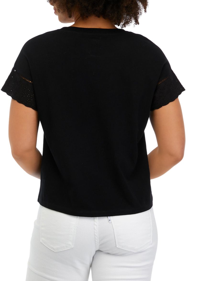Womens Extended Shoulder Crew Neck Embroidered T-Shirt
