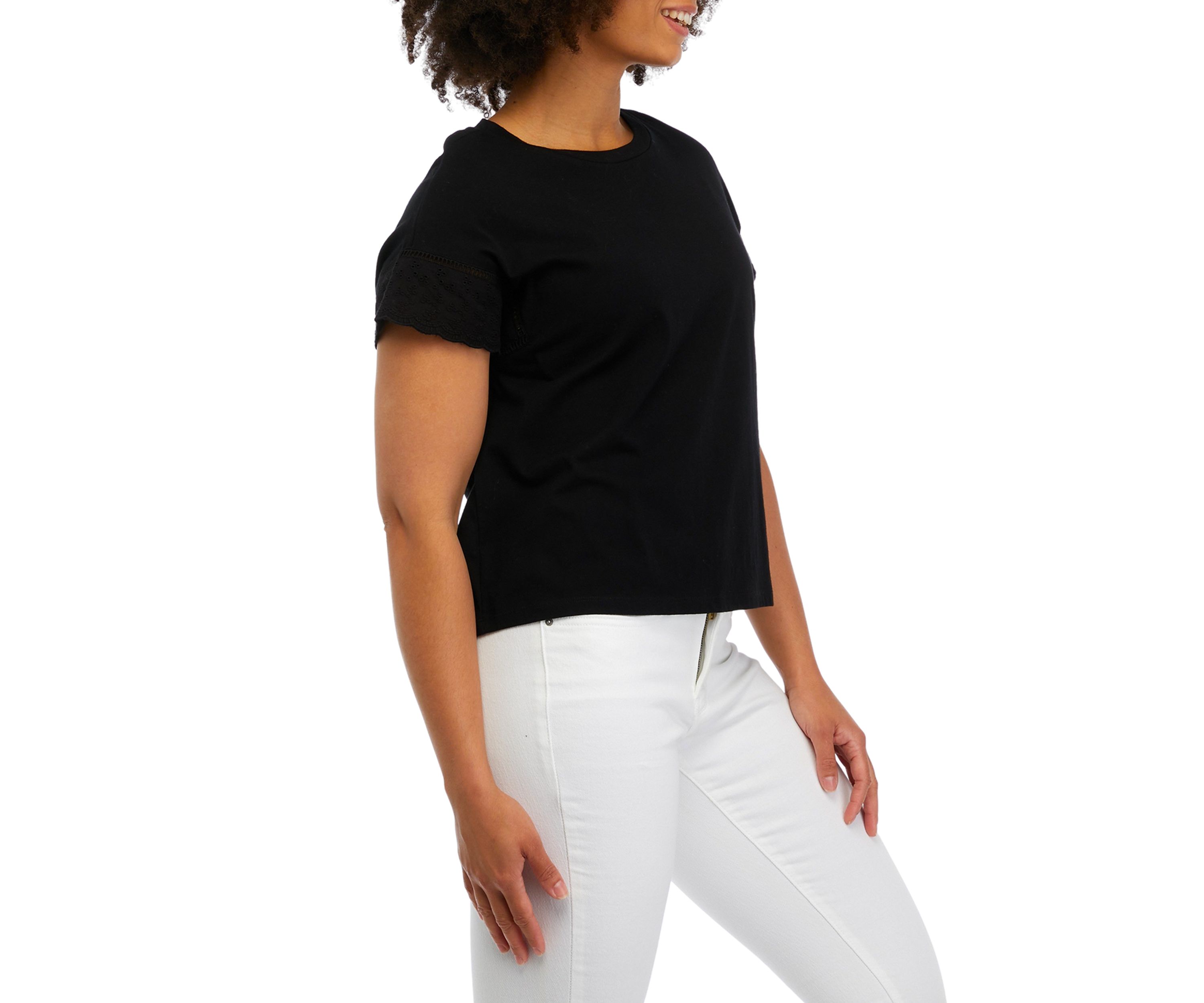 Womens Extended Shoulder Crew Neck Embroidered T-Shirt