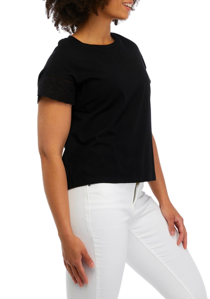 Womens Extended Shoulder Crew Neck Embroidered T-Shirt
