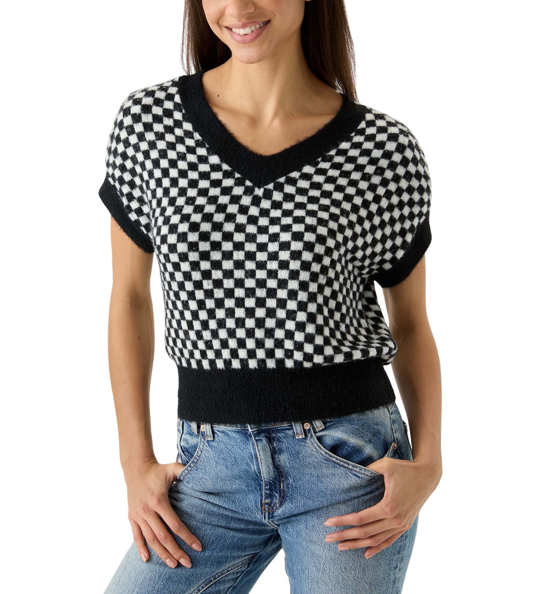 Womens Cap Sleeve V-Neck Pullover Sweater