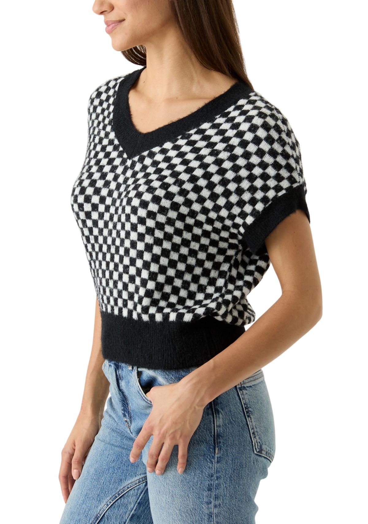 Womens Cap Sleeve V-Neck Pullover Sweater
