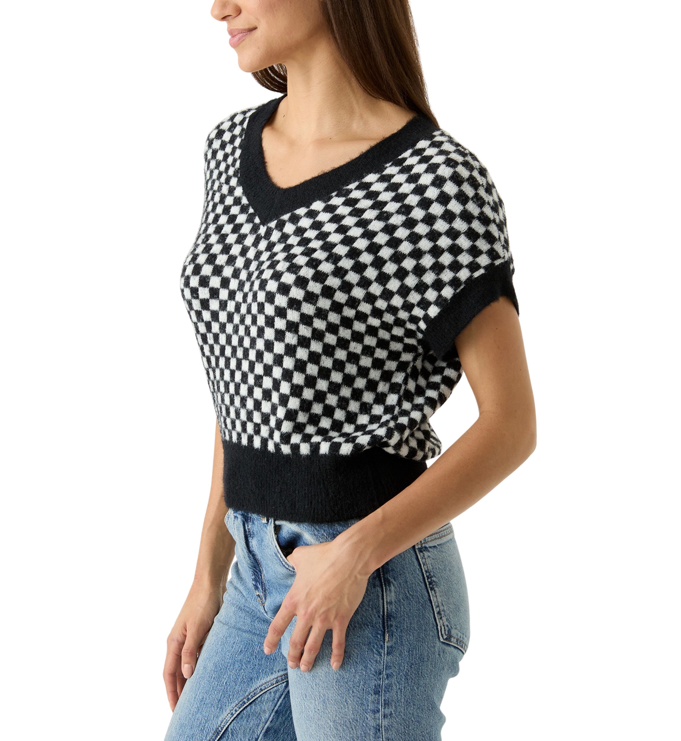 Womens Cap Sleeve V-Neck Pullover Sweater