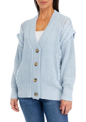 FOR THE REPUBLIC Women's Button Front Cable Knit Cardigan, Blue, Small