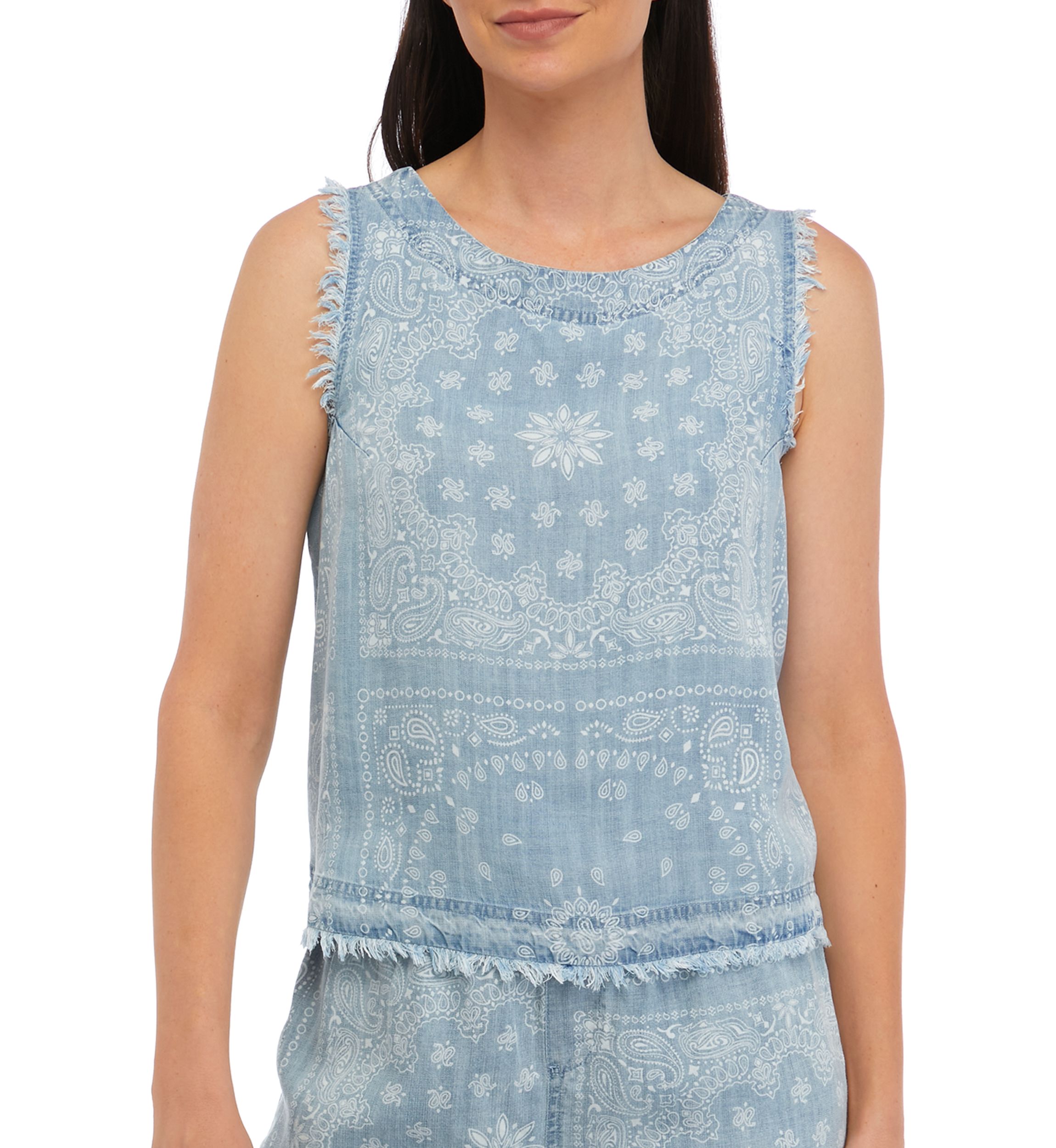 Womens Sleeveless Denim Tank Top with Fringe and Button Back