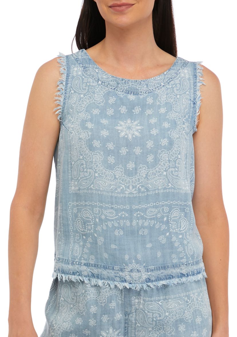 Womens Sleeveless Denim Tank Top with Fringe and Button Back