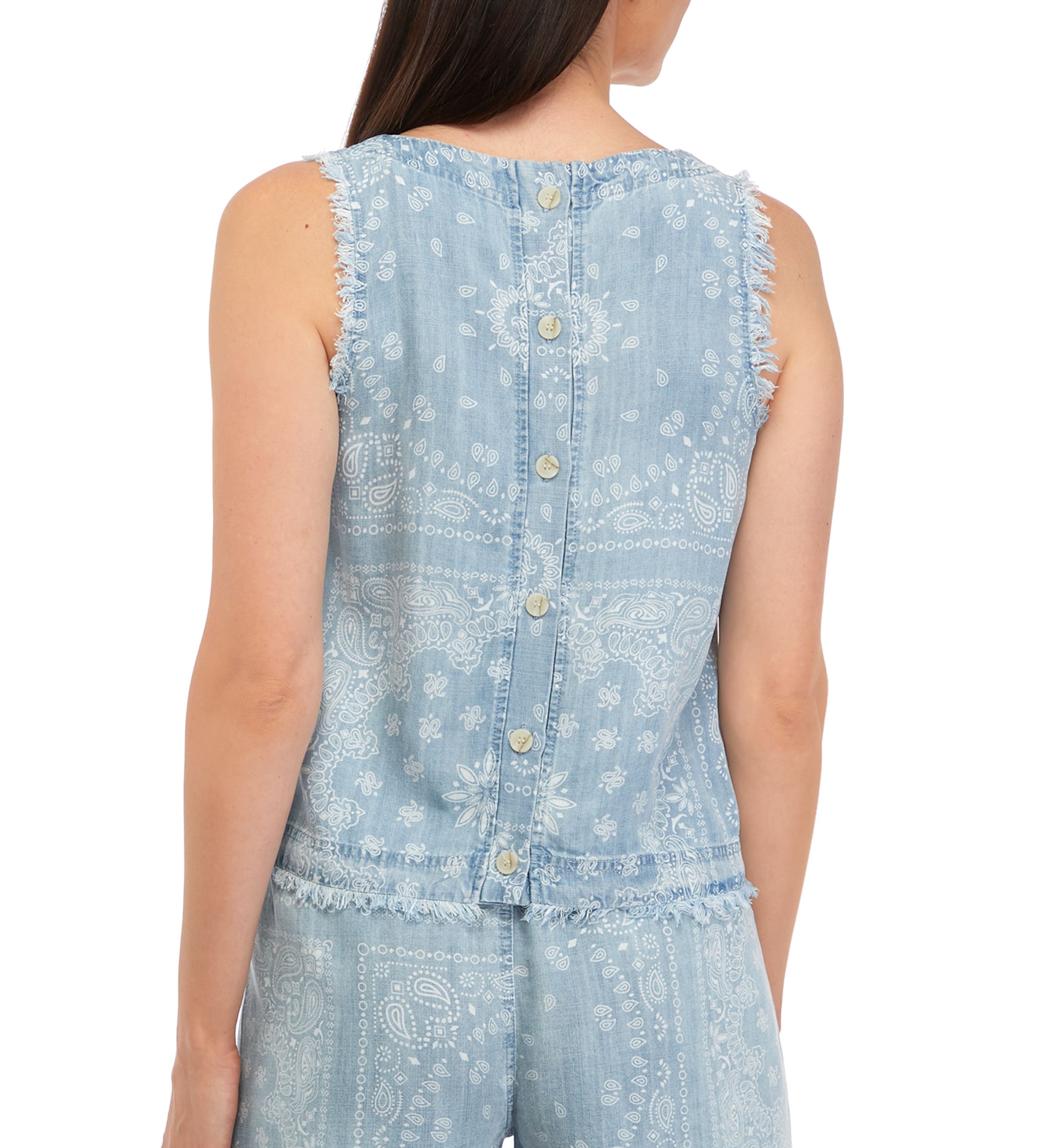 Womens Sleeveless Denim Tank Top with Fringe and Button Back