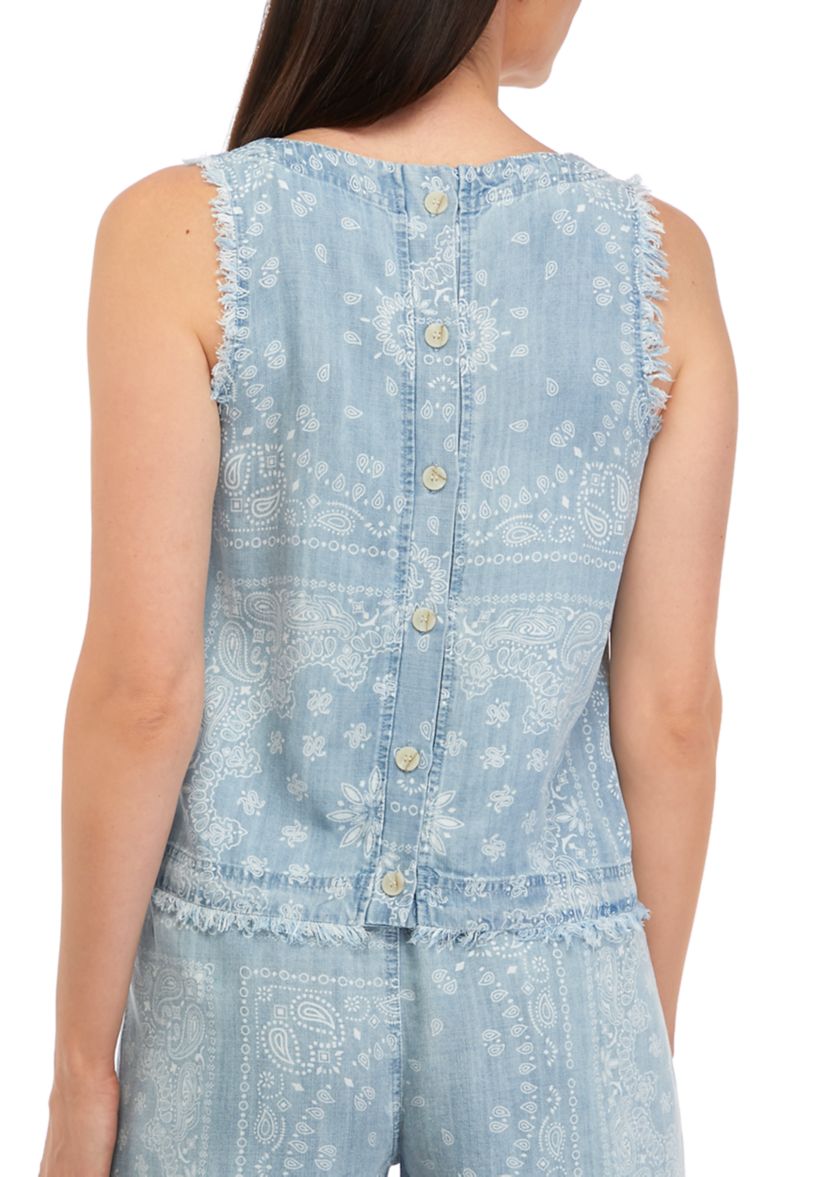 Womens Sleeveless Denim Tank Top with Fringe and Button Back