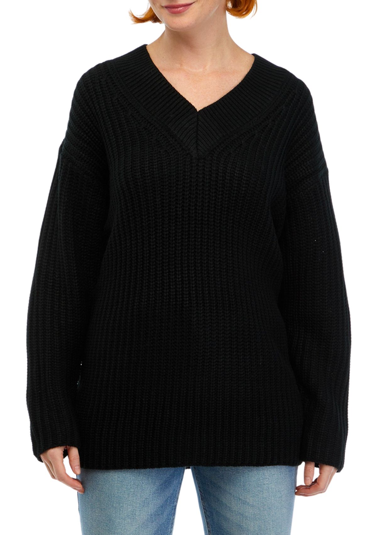 Womens Long Sleeve V-Neck Shaker Tunic Sweater