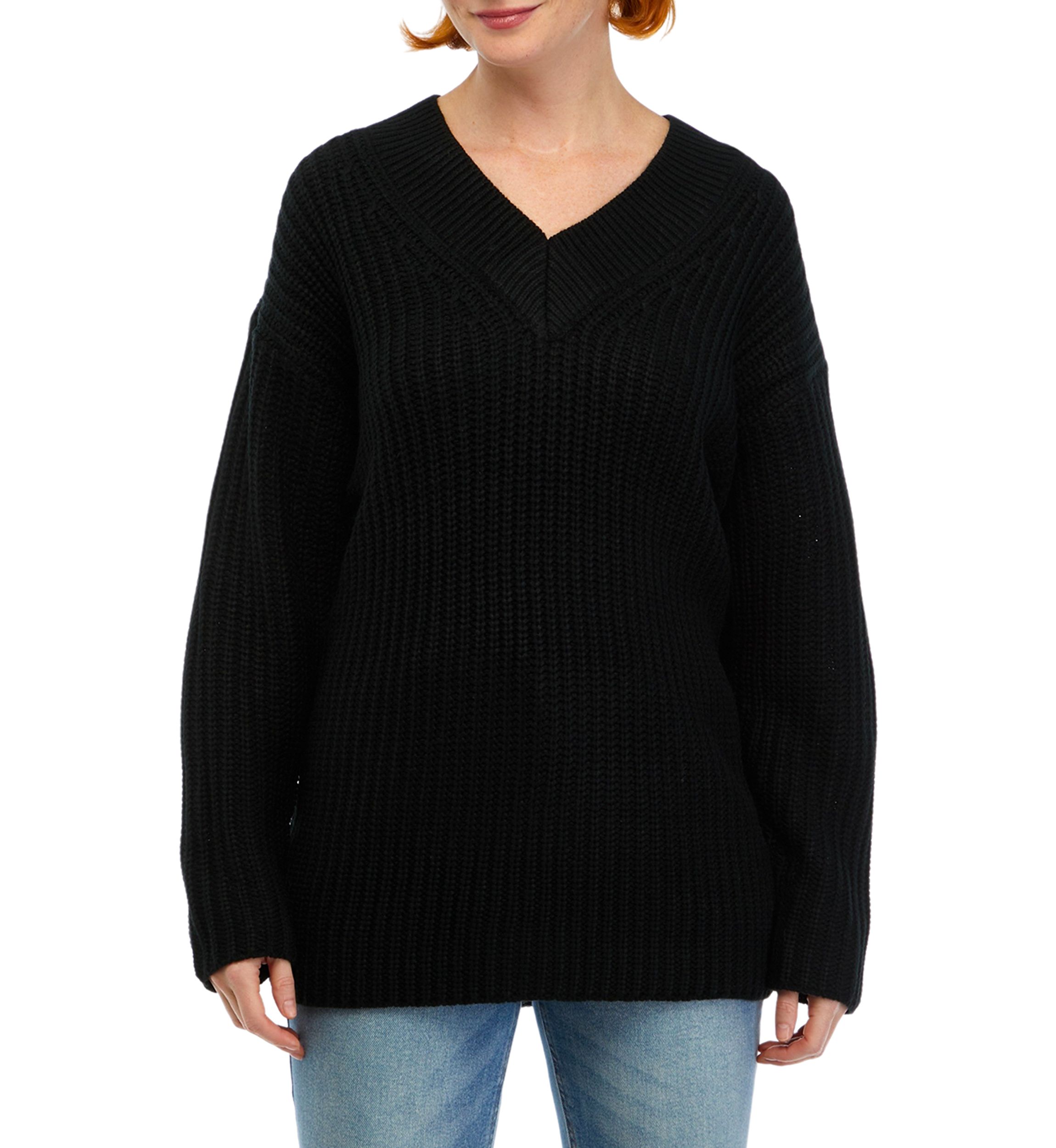 Womens Long Sleeve V-Neck Shaker Tunic Sweater
