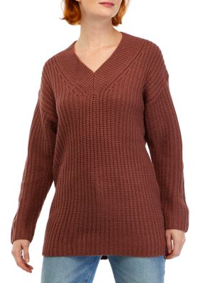 Women's Long Sleeve V-Neck Shaker Tunic Sweater