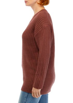Women's Long Sleeve V-Neck Shaker Tunic Sweater