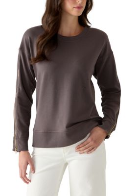 MUSE Republic Clothing Women's Long Zippered Sleeve Crew Neck Sweater, Grey, Small