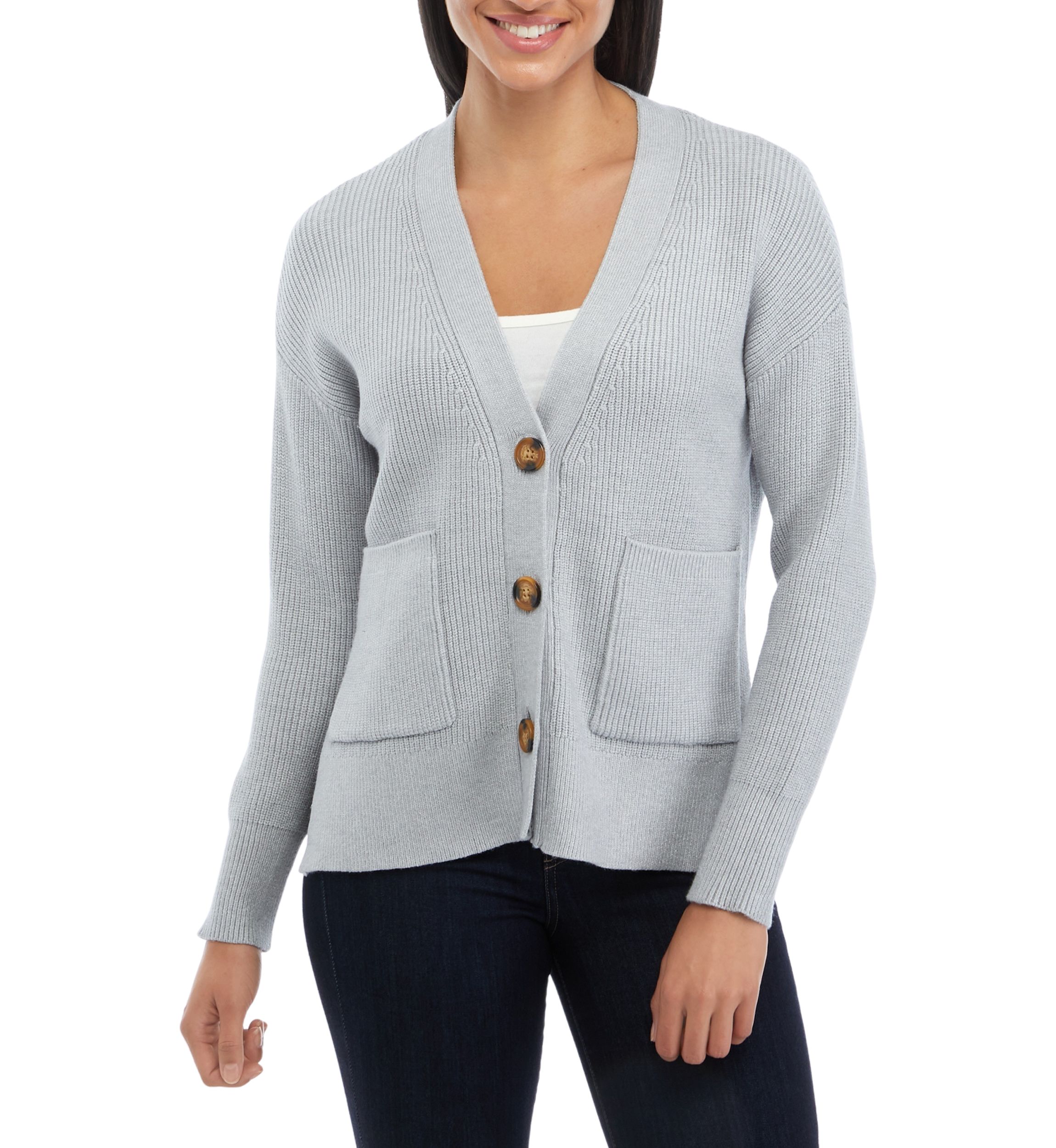 Womens Long Sleeve 2 Pocket Button Front V-Neck Cardigan