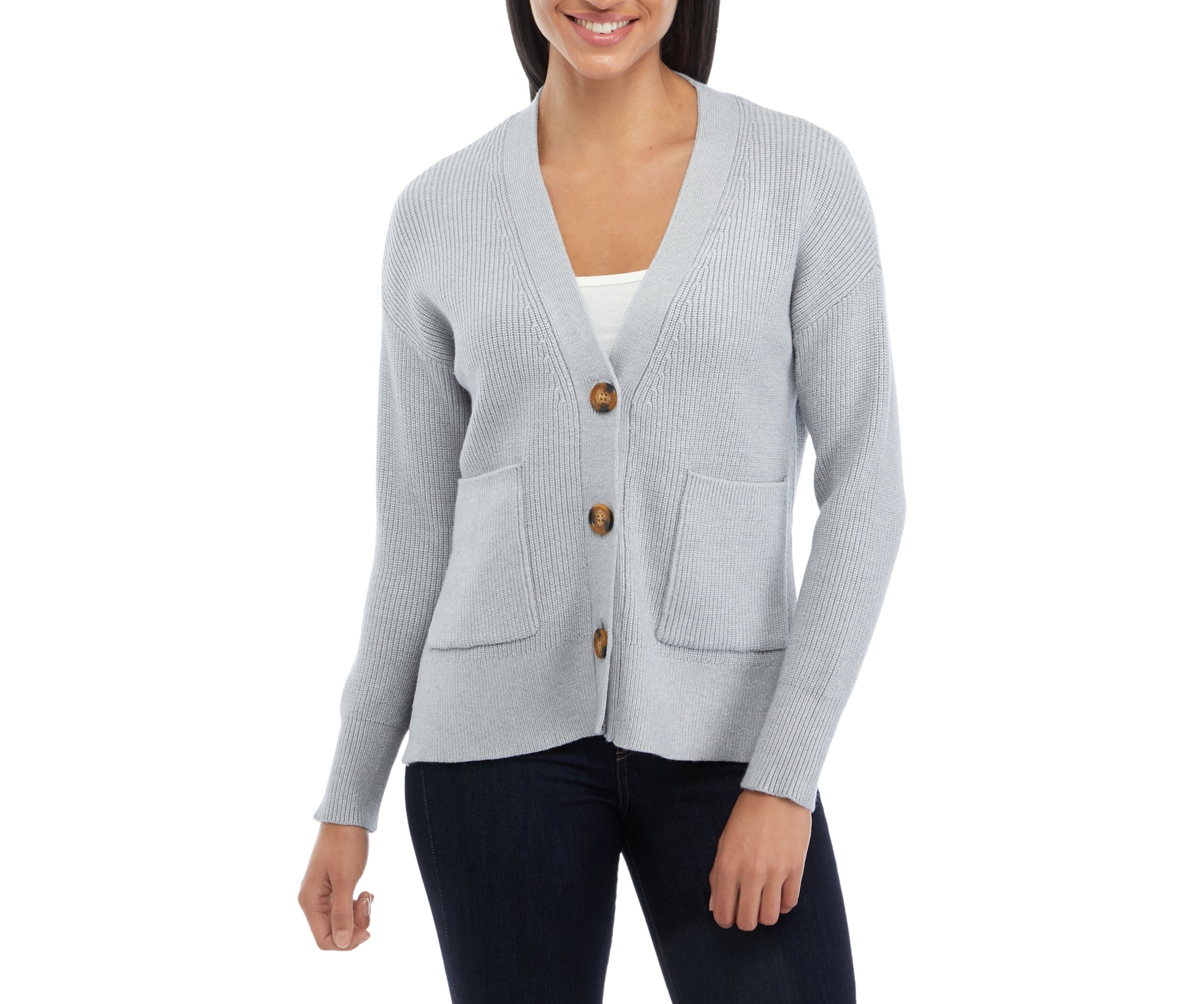 Womens Long Sleeve 2 Pocket Button Front V-Neck Cardigan