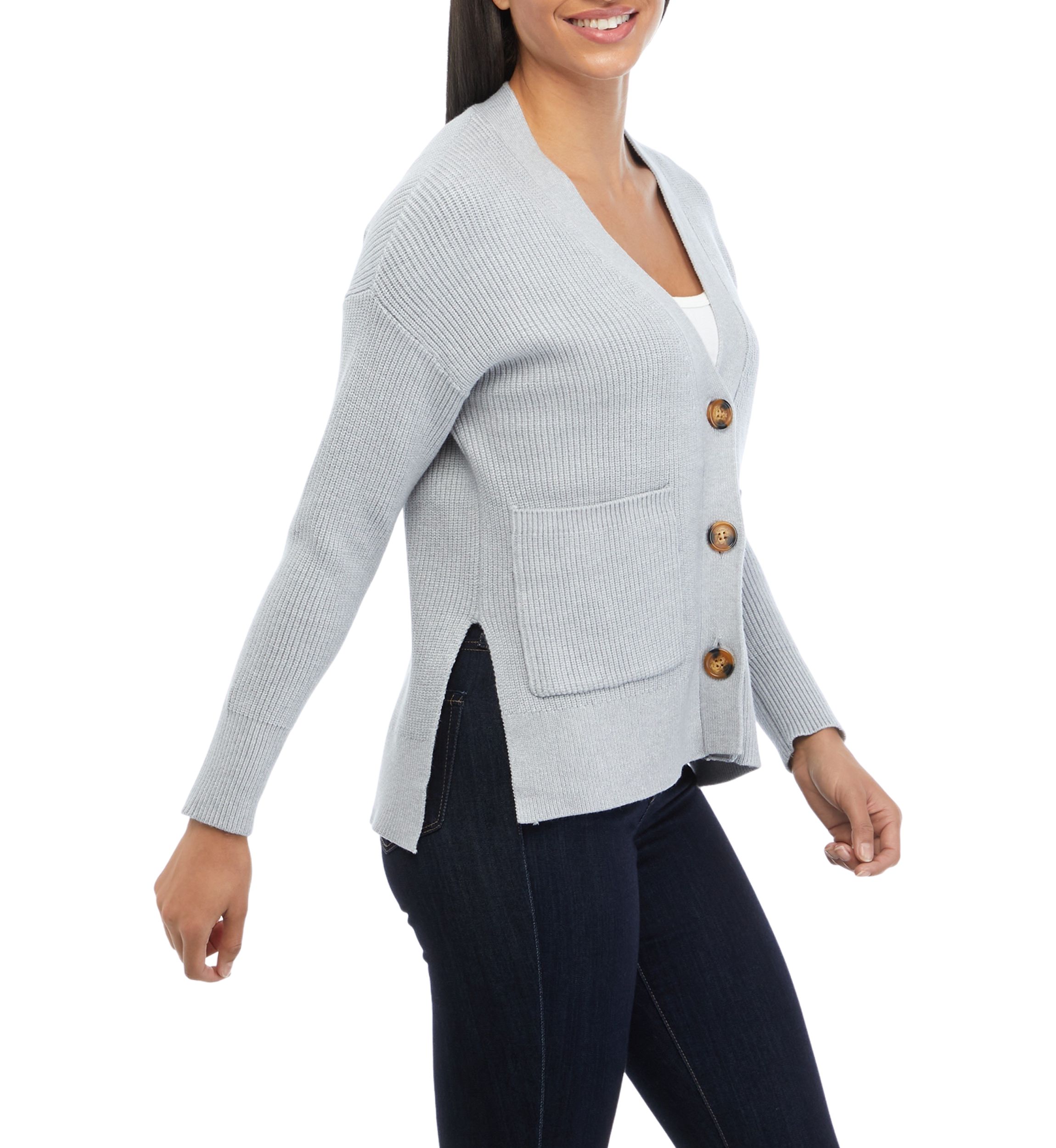 Womens Long Sleeve 2 Pocket Button Front V-Neck Cardigan
