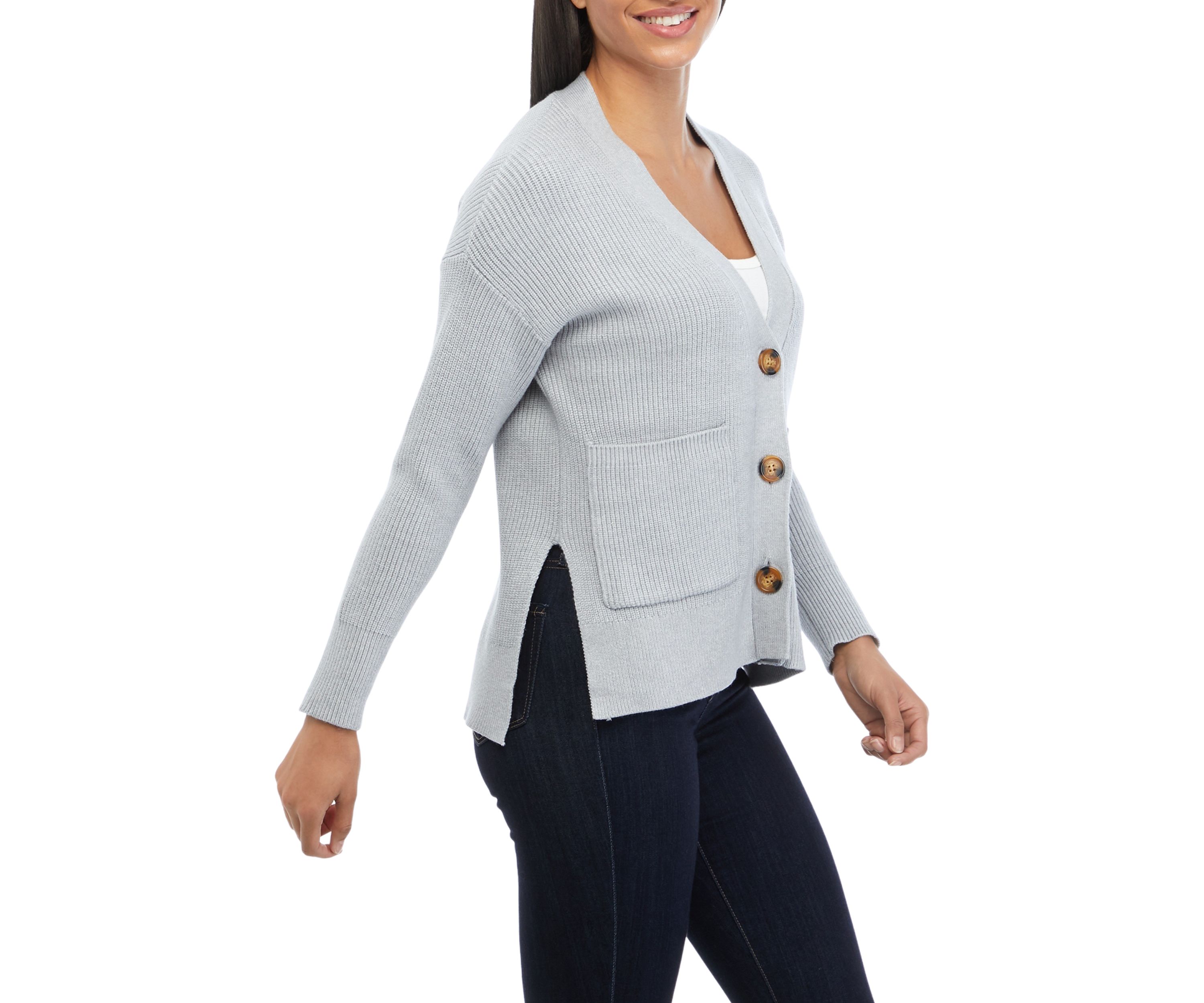 Womens Long Sleeve 2 Pocket Button Front V-Neck Cardigan