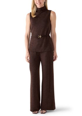 MUSE Republic Clothing Women's Sleeveless Belted Top and Wide Leg Pants, Dark Brown, Small