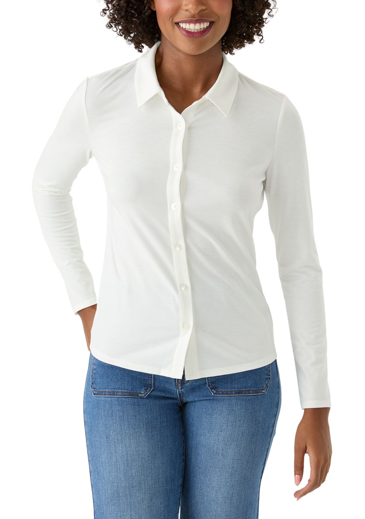 Womens Long Sleeve Button Up Knit Jersey Shirt