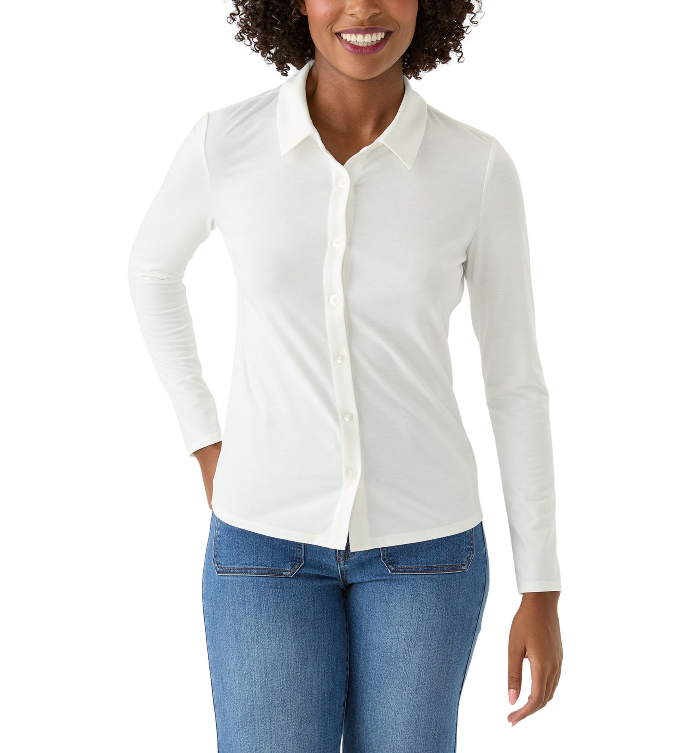 Womens Long Sleeve Button Up Knit Jersey Shirt