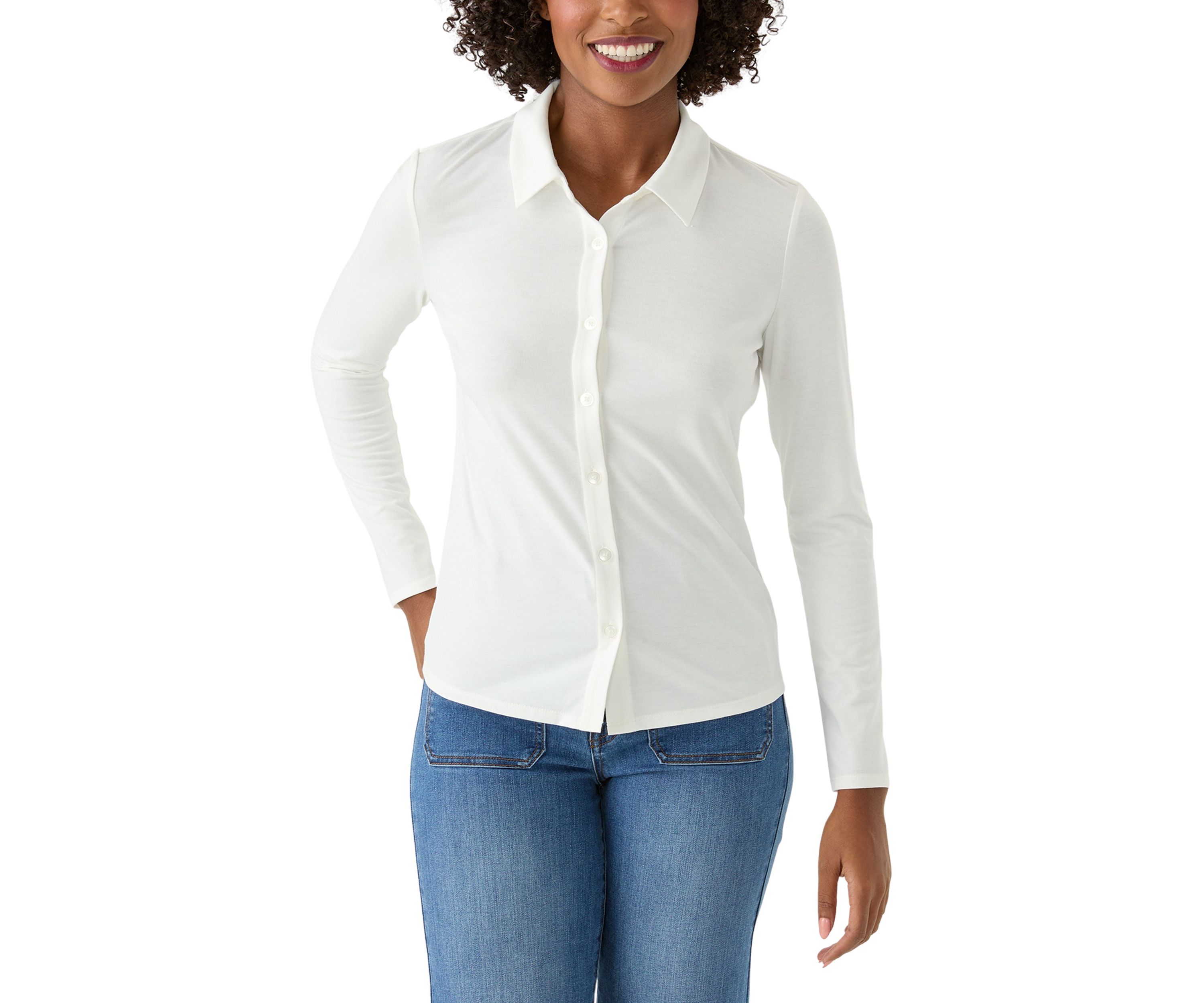 Womens Long Sleeve Button Up Knit Jersey Shirt