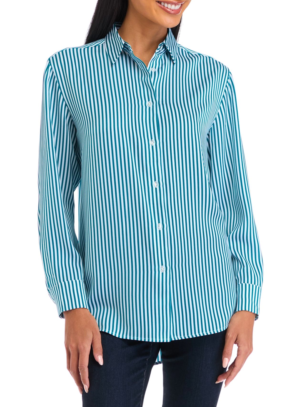 Petite Long Sleeve Collared Button Front Tunic Shirt