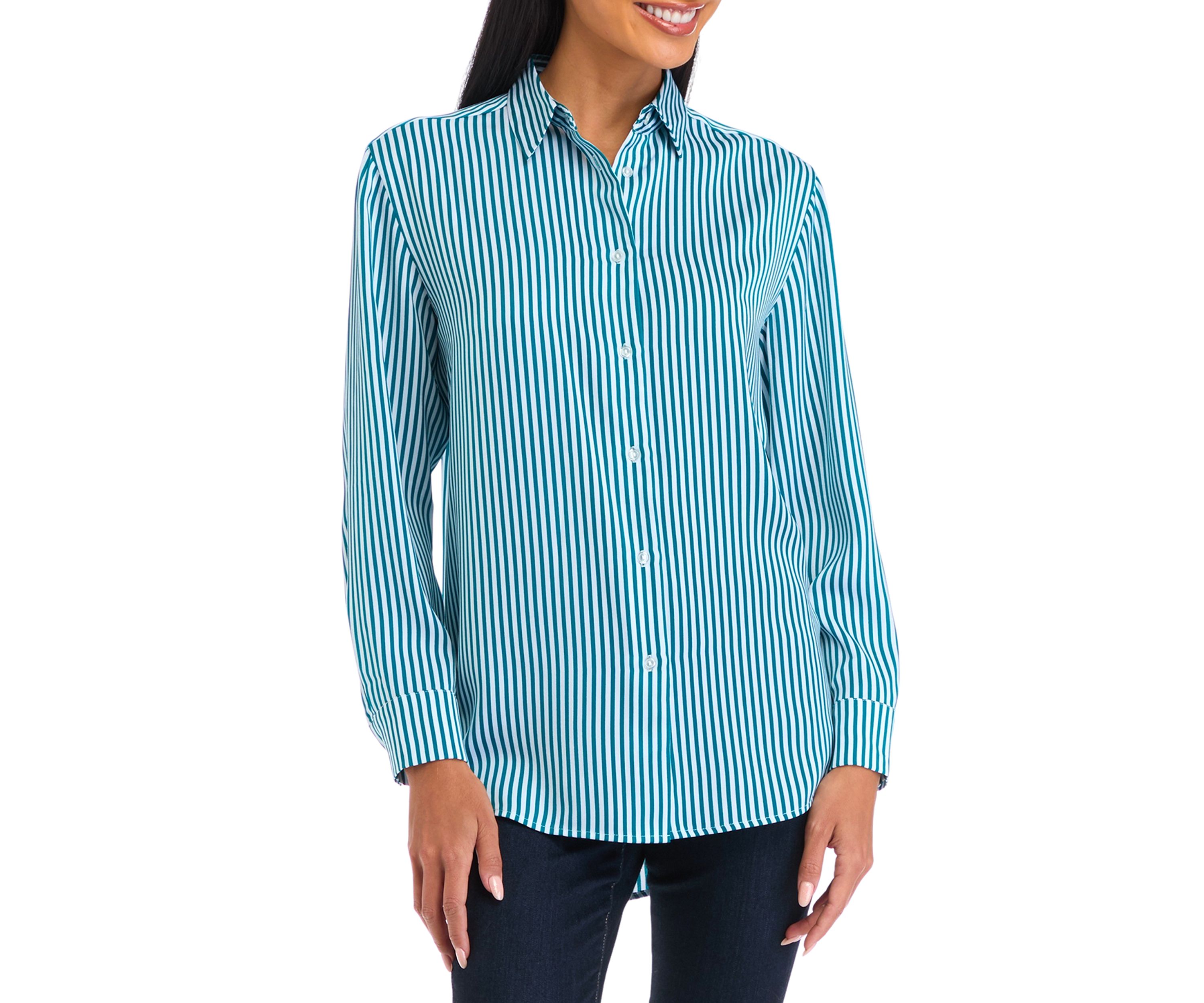Petite Long Sleeve Collared Button Front Tunic Shirt