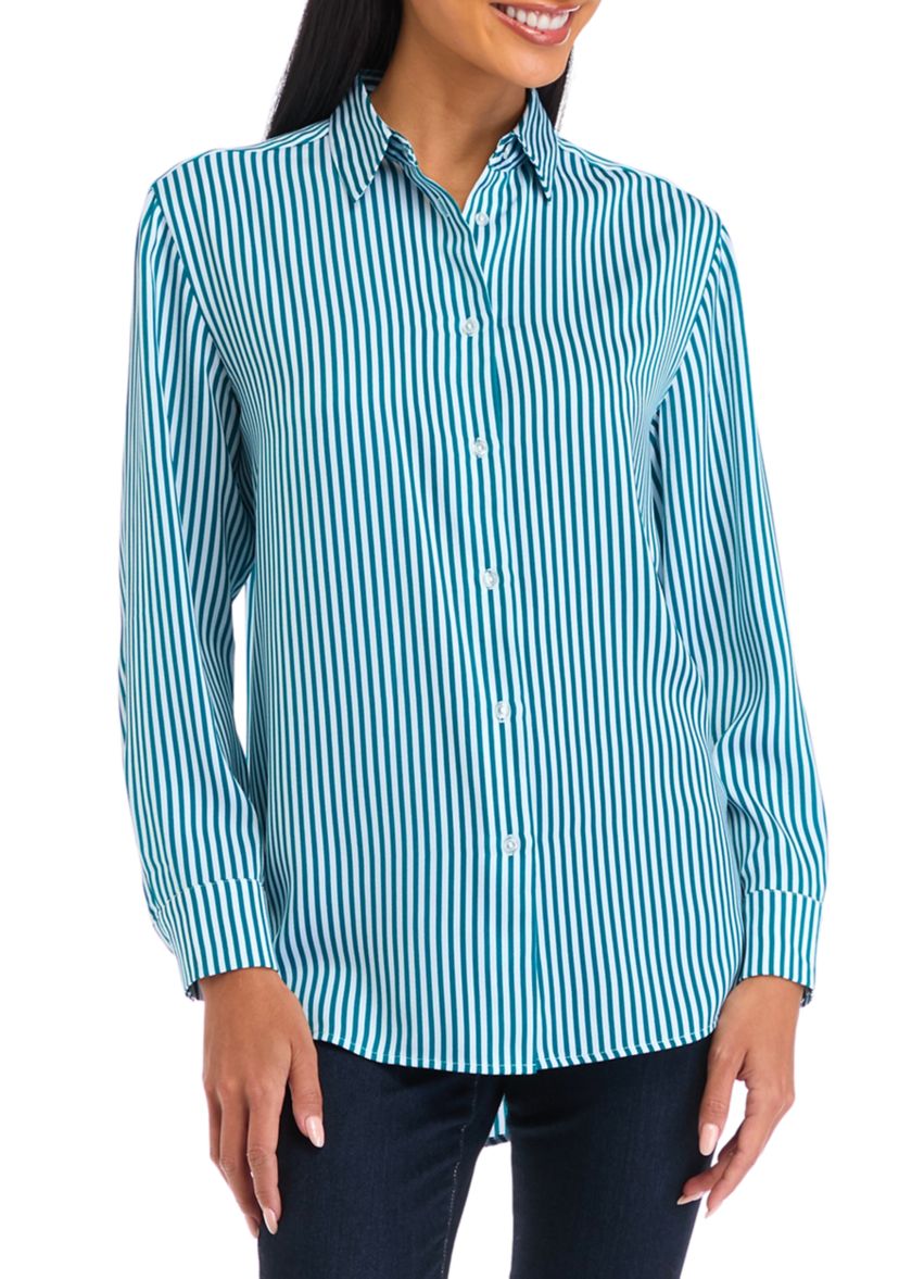 Petite Long Sleeve Collared Button Front Tunic Shirt