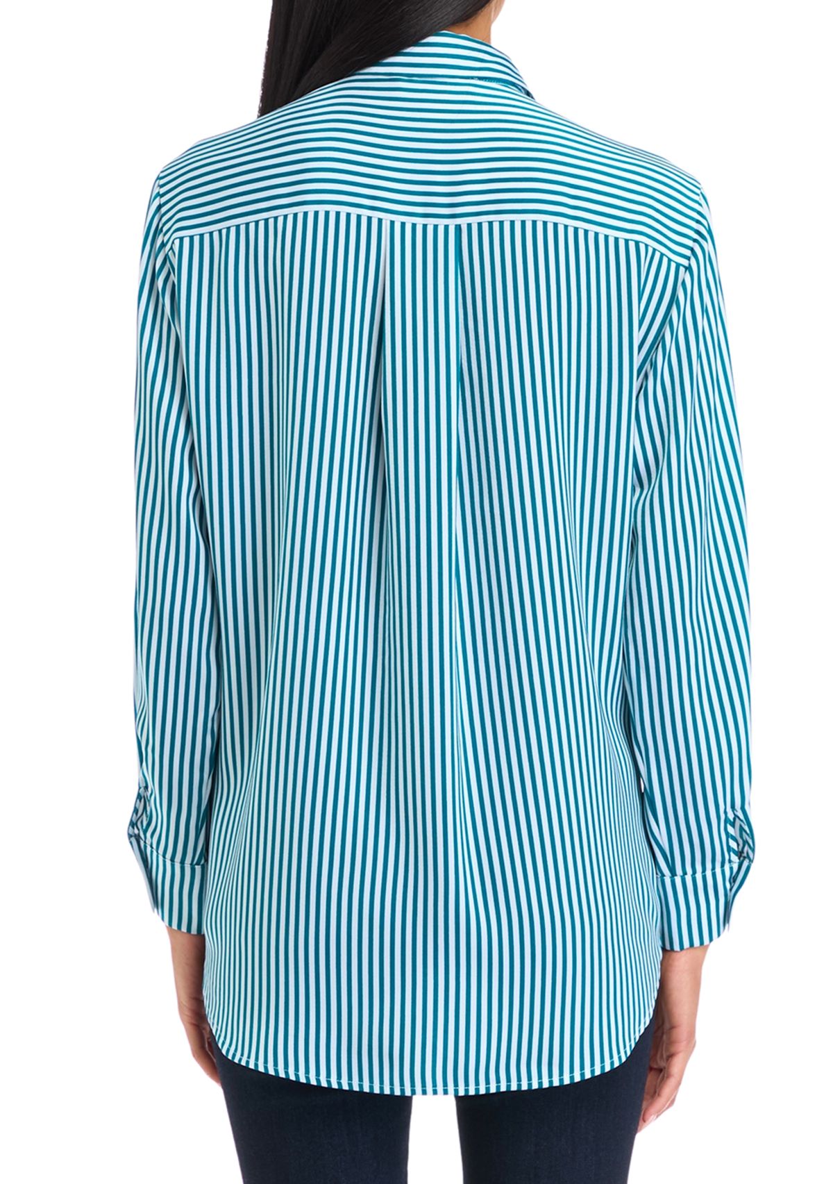 Petite Long Sleeve Collared Button Front Tunic Shirt