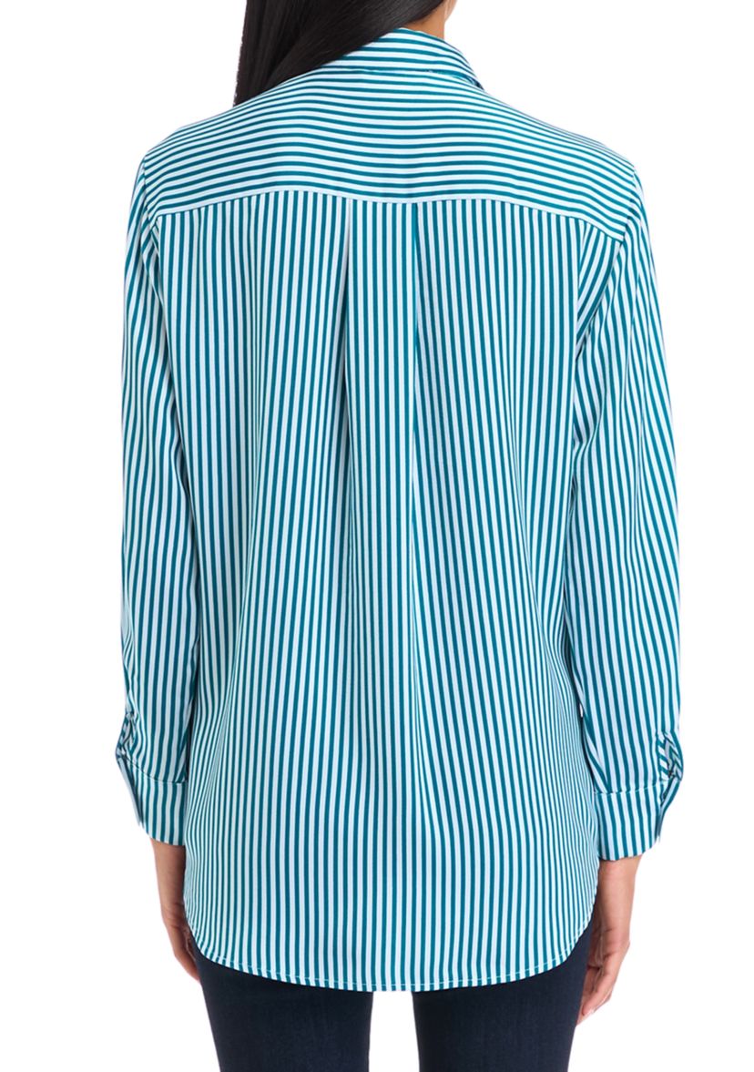 Petite Long Sleeve Collared Button Front Tunic Shirt