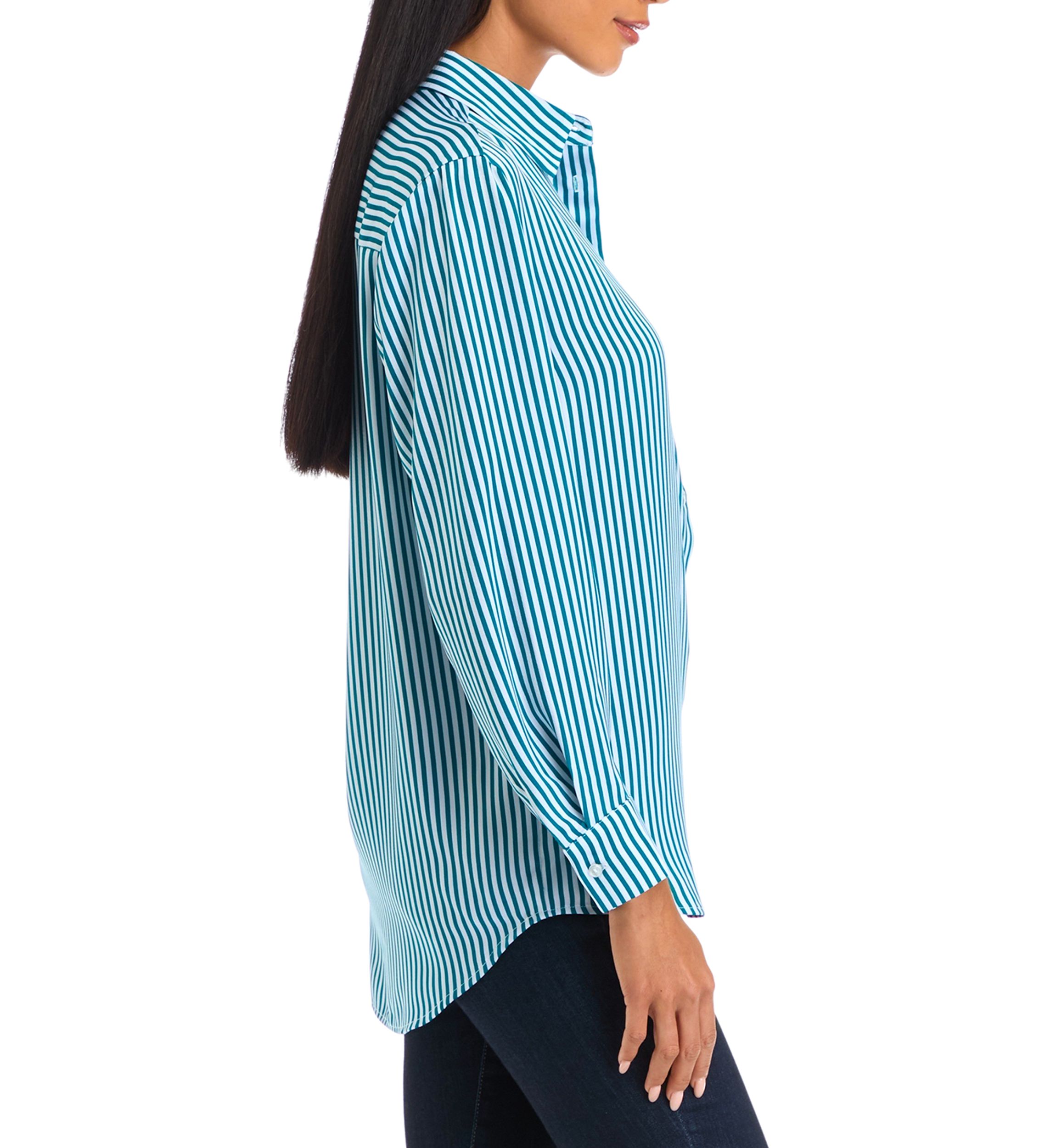 Petite Long Sleeve Collared Button Front Tunic Shirt