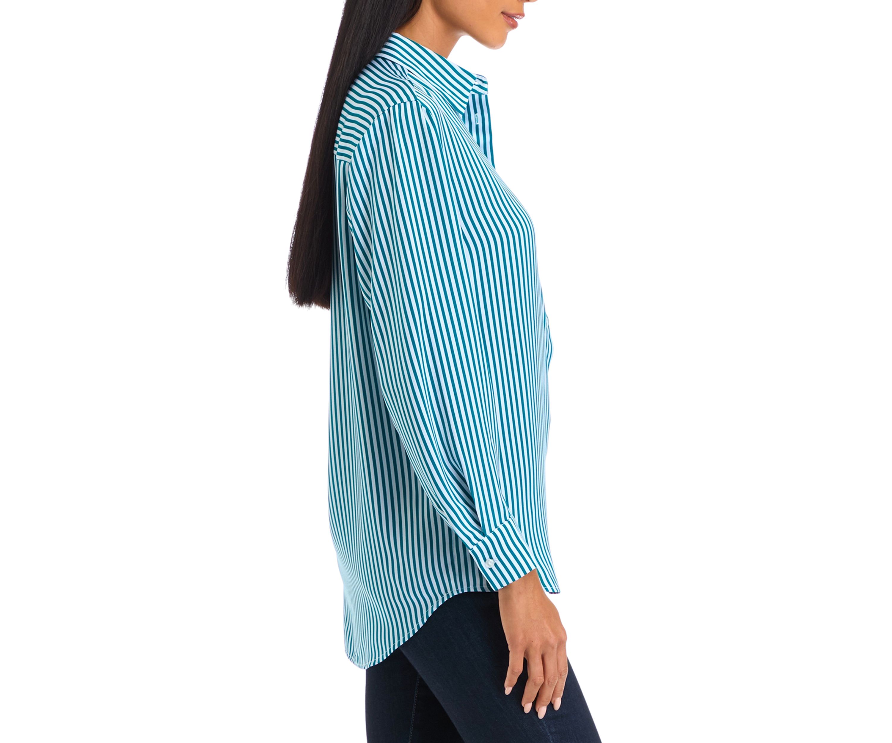 Petite Long Sleeve Collared Button Front Tunic Shirt