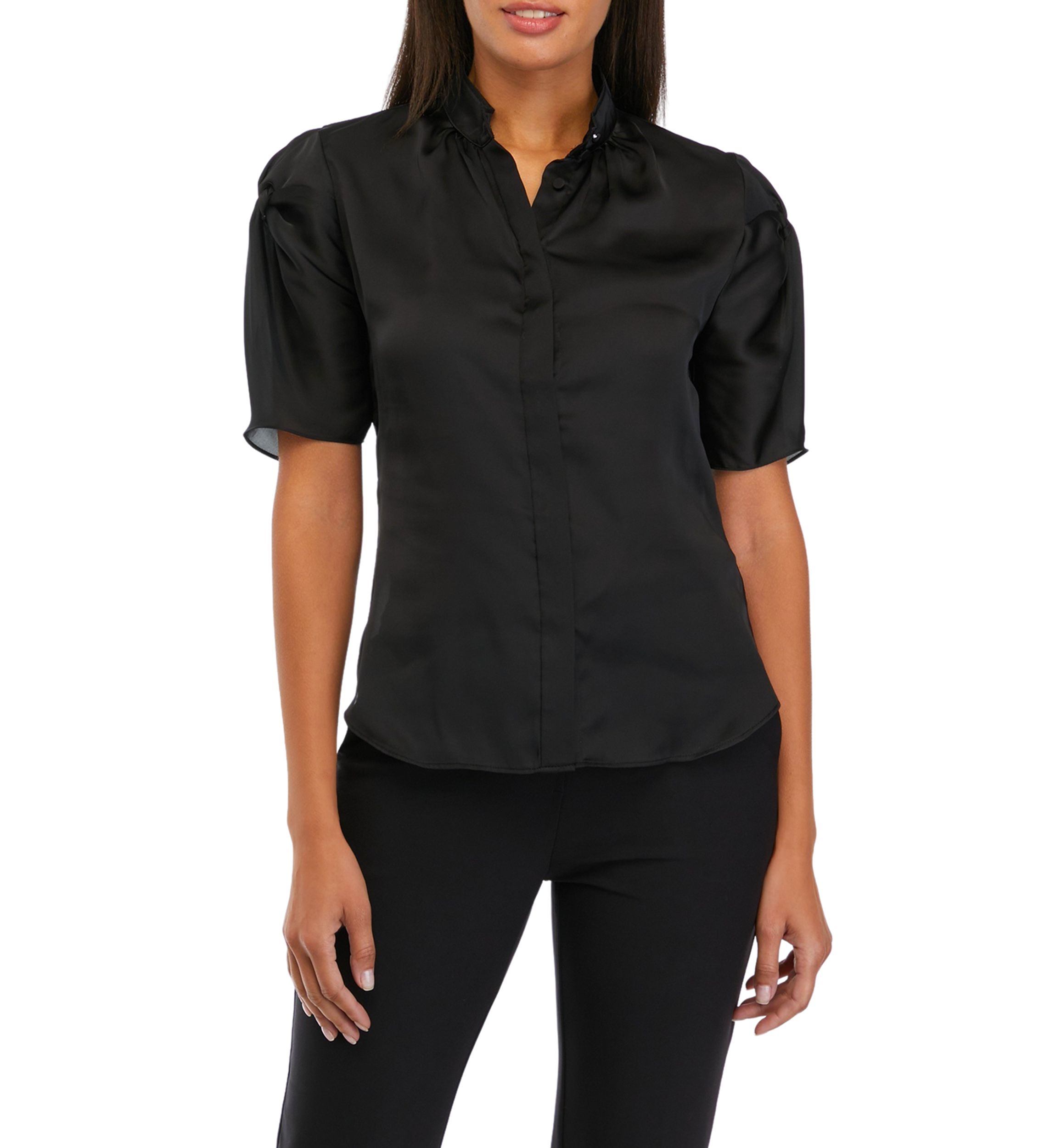 Womens Short Sleeve Ruched Hink Satin Blouse