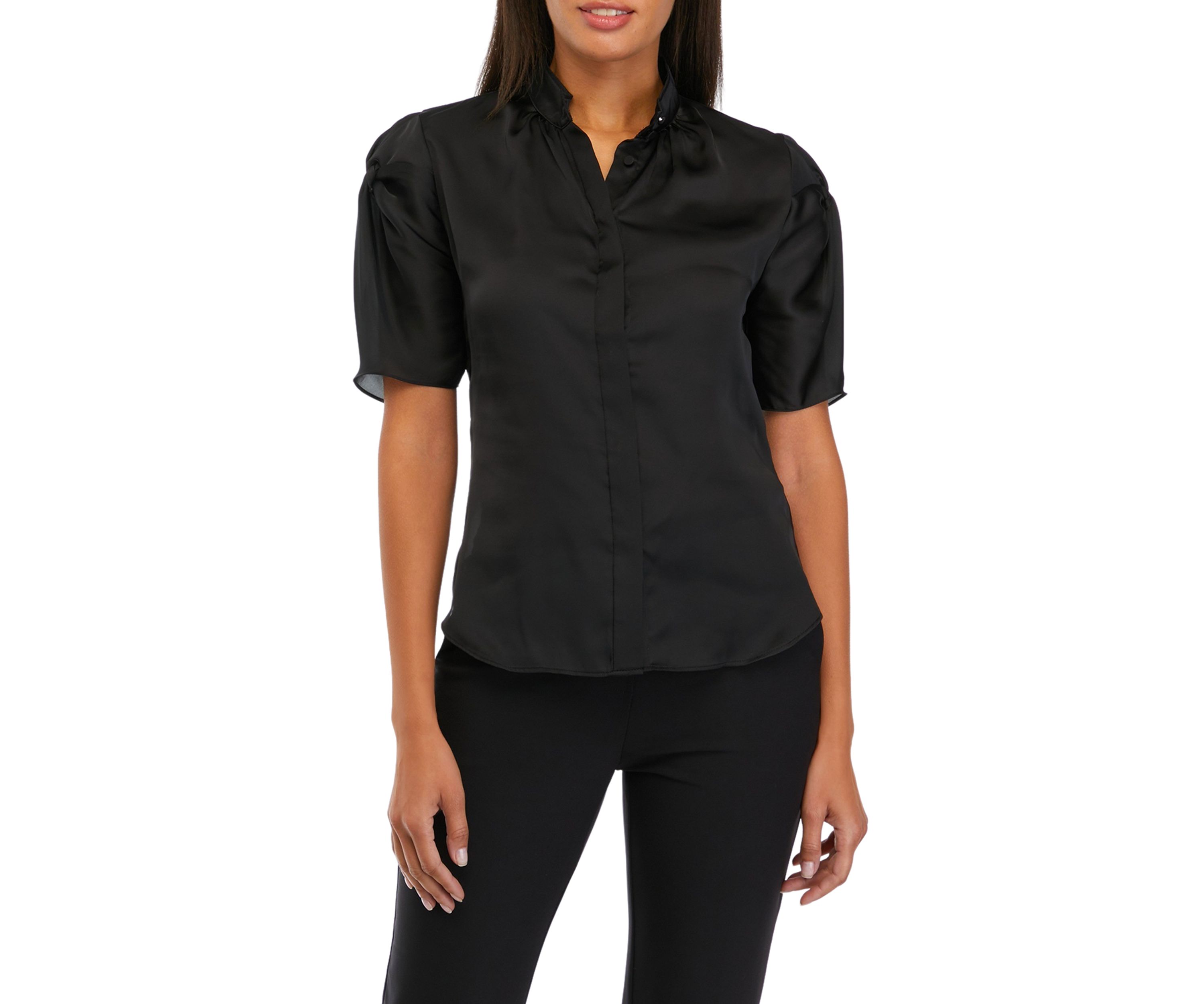 Womens Short Sleeve Ruched Hink Satin Blouse
