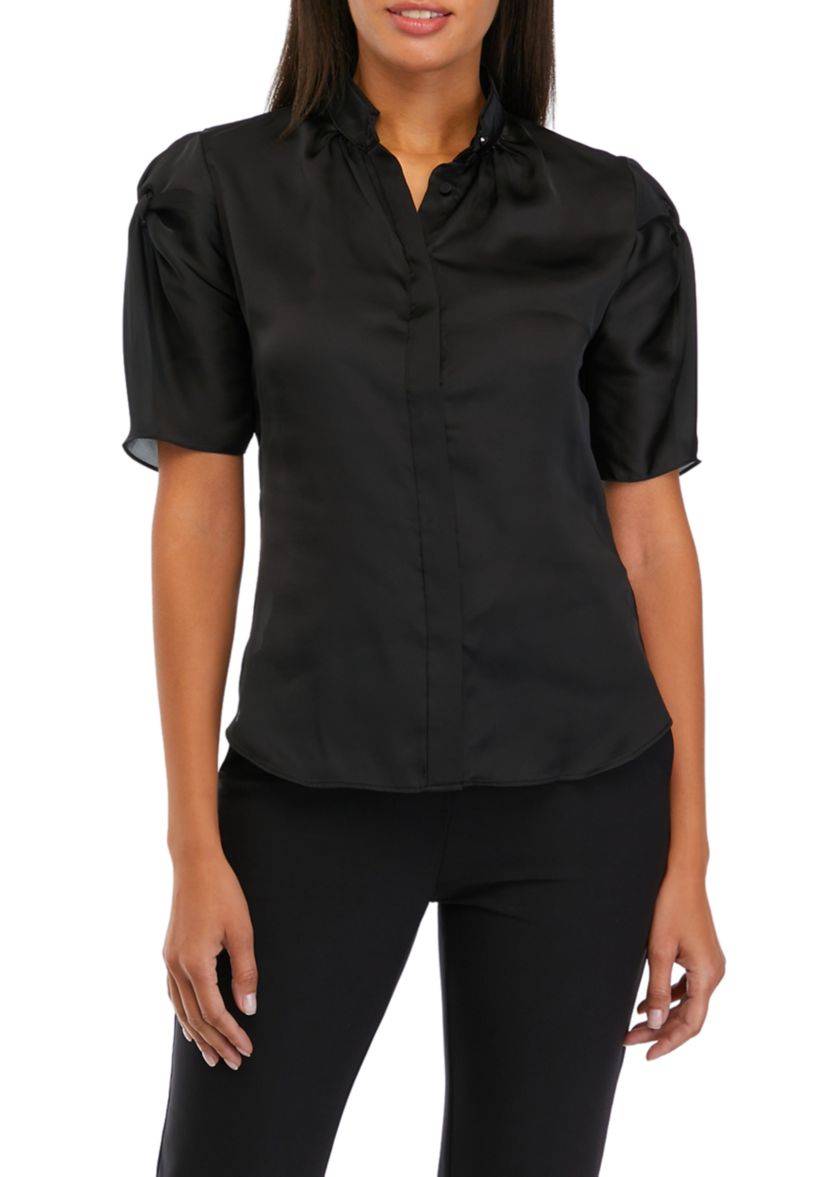 Womens Short Sleeve Ruched Hink Satin Blouse