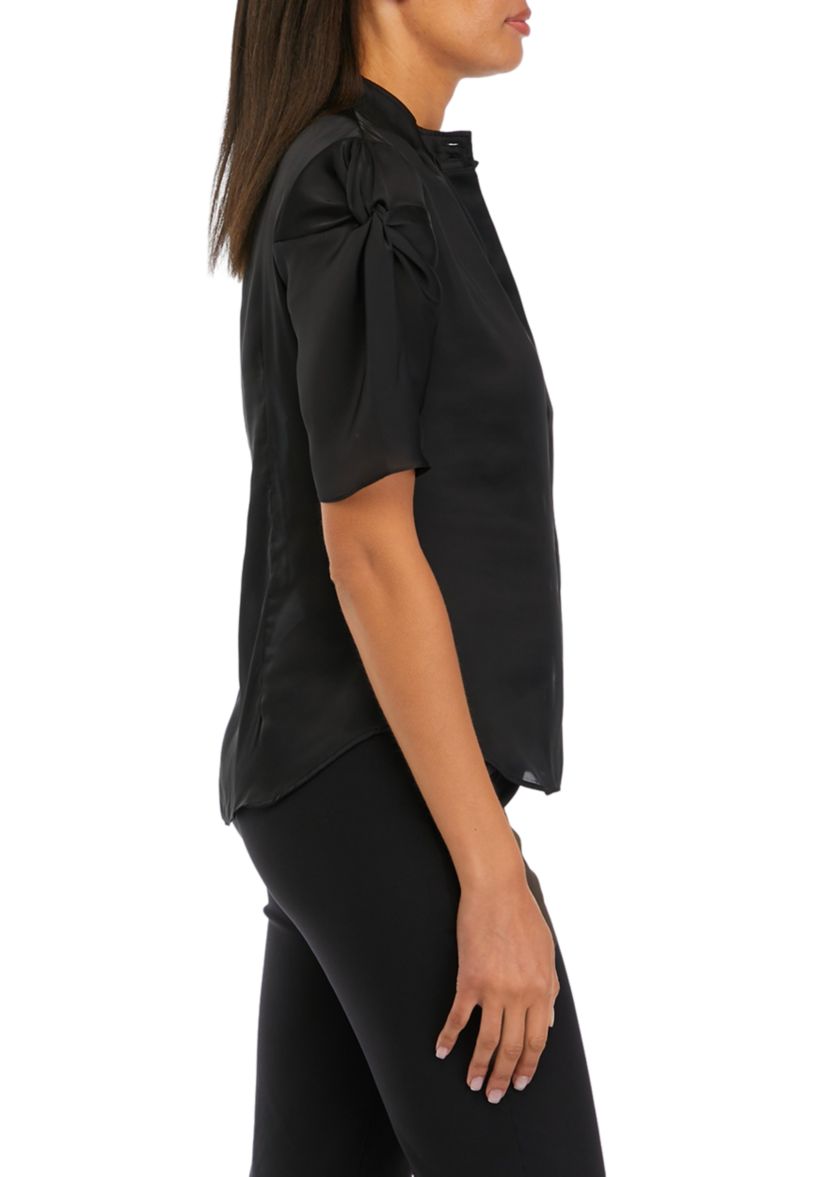 Womens Short Sleeve Ruched Hink Satin Blouse