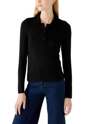 MUSE Republic Clothing Women's 1/2 Button Down Long Sleeve Top, Black, Small